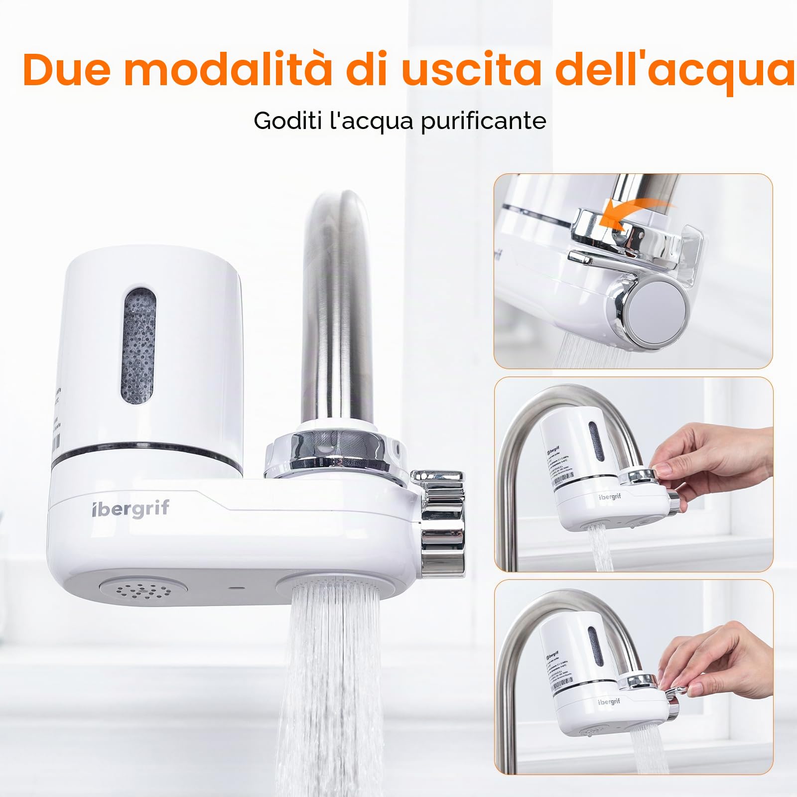 Ibergrif Filtro per l'acqua del rubinetto, Sistema di filtraggio dell'acqua del rubinetto domestico, Filtra efficacemente cloro, sedimenti, metalli pesanti, Adatto per la maggior parte dei rubinetti