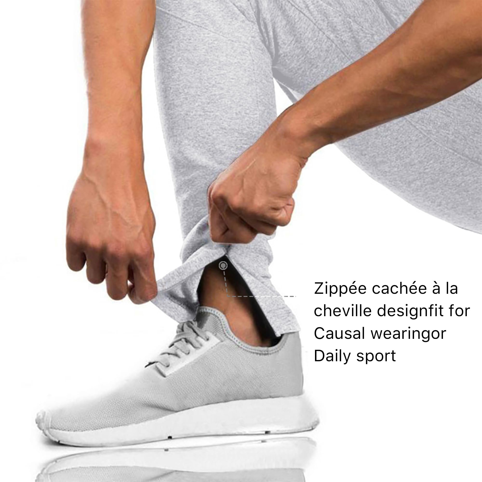 BROKIG Pantaloni sportivi da jogging da uomo a doppia tasca, pantaloni fitness con zip e stretch, per uomo, pantaloni in cotone, grigio, L