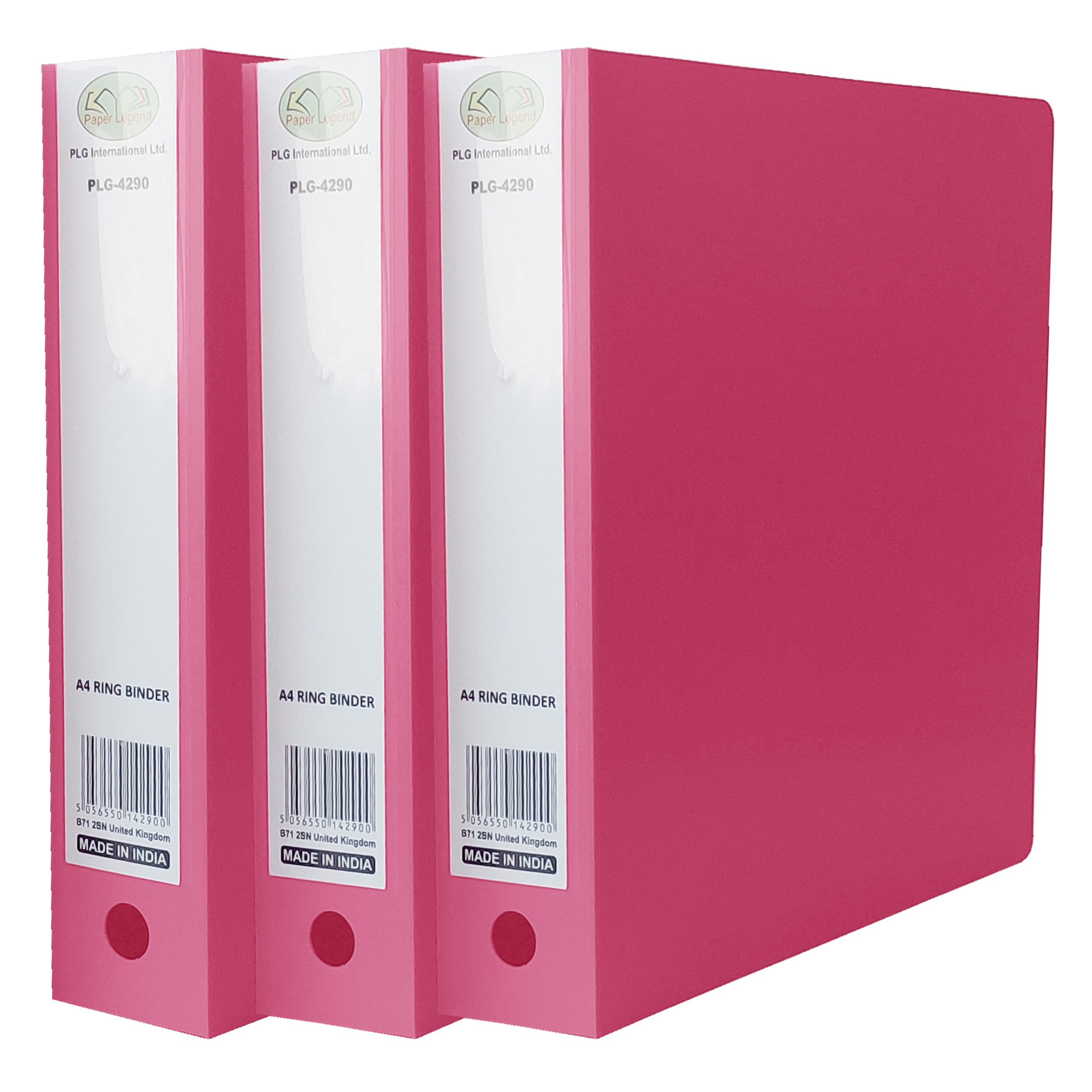 M1SS Pack of 3 A4 Ring Binders – Pink Heavy Duty Polypropylene File Folders with 2-O Metal Rings, 65mm Spine & Label Holder – Durable Document Organiser with Finger Pull Hole