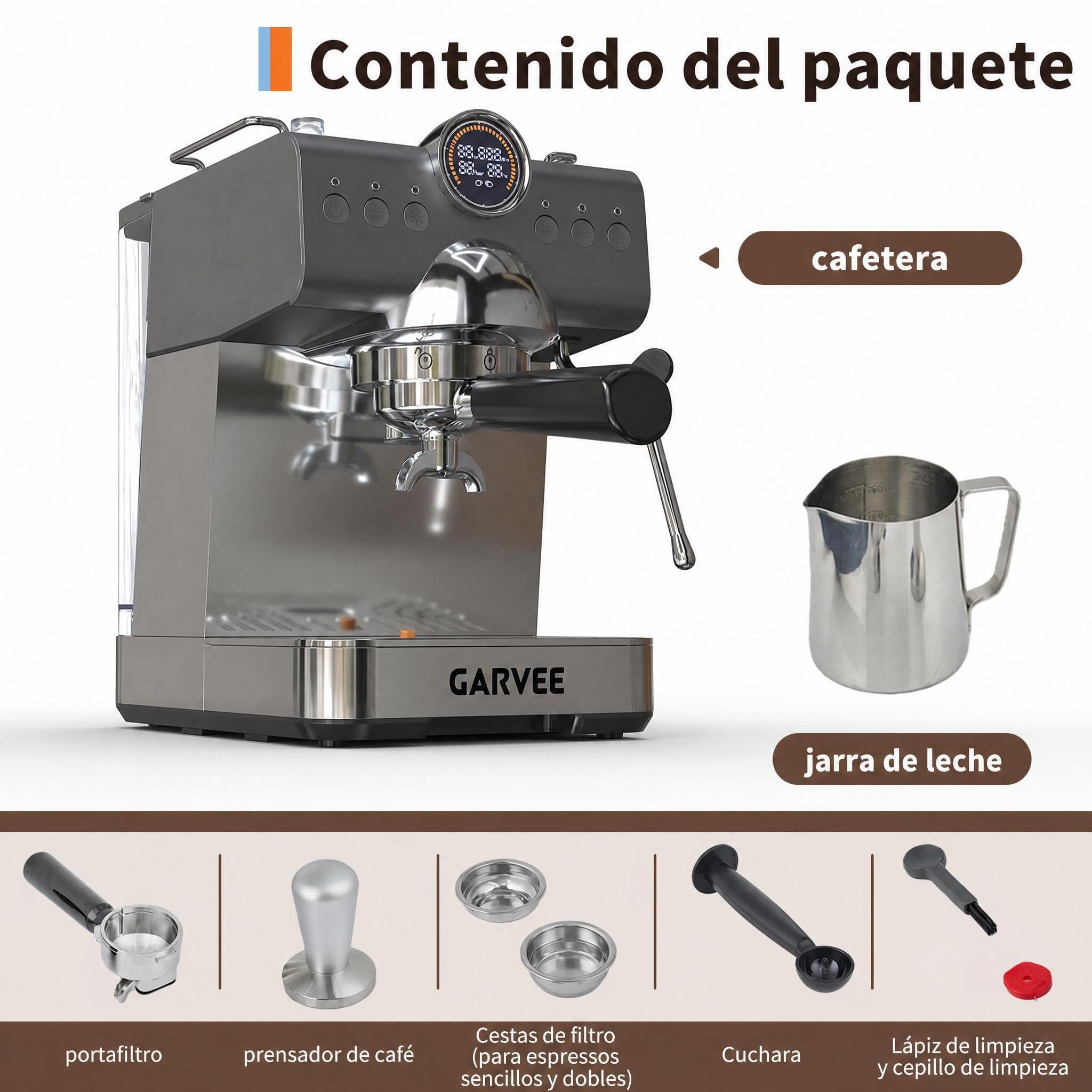 GarveeLife Cafetera Expreso Semiautomática 20 Bares con Vaporizador de Leche - Depósito 1,5L Thermoblock - Ideal para Uso Doméstico, Capuchino y Latte