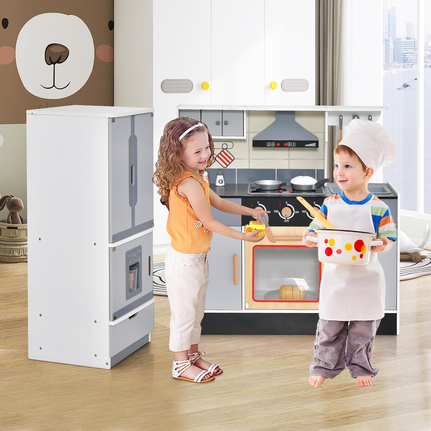 Costzon 2-Piece Play Kitchen, Wooden Toy Kitchen Set with Refrigerator, Ice Maker, Range Hood, Pretend Oven, Kids Kitchen Playset with Sounds & Lights, Gift for Ages 3+