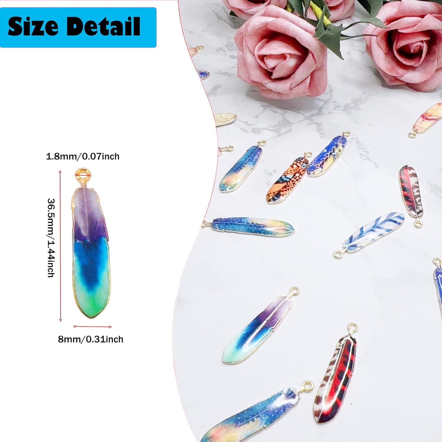 40 PCS Feather Charms, Colorful Native American Pendants Beads Alloy Flower Printed Leaf Plumage Enamel Feather Charms for Jewelry Making Bulk, with Box - Image 2