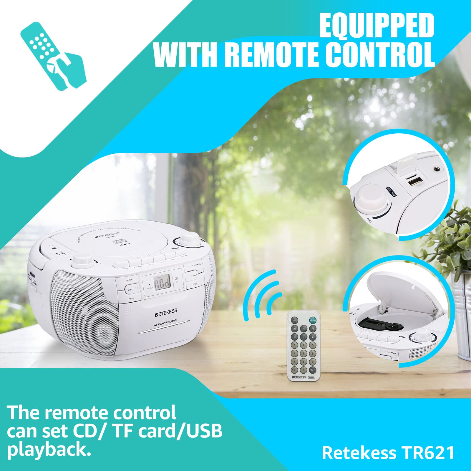 Retekess TR621 Poste Radio CD Lecteur Cassette Audio Boombox Stereo Enregistrement Télécommande USB TF Casque Radio Portable Blanc