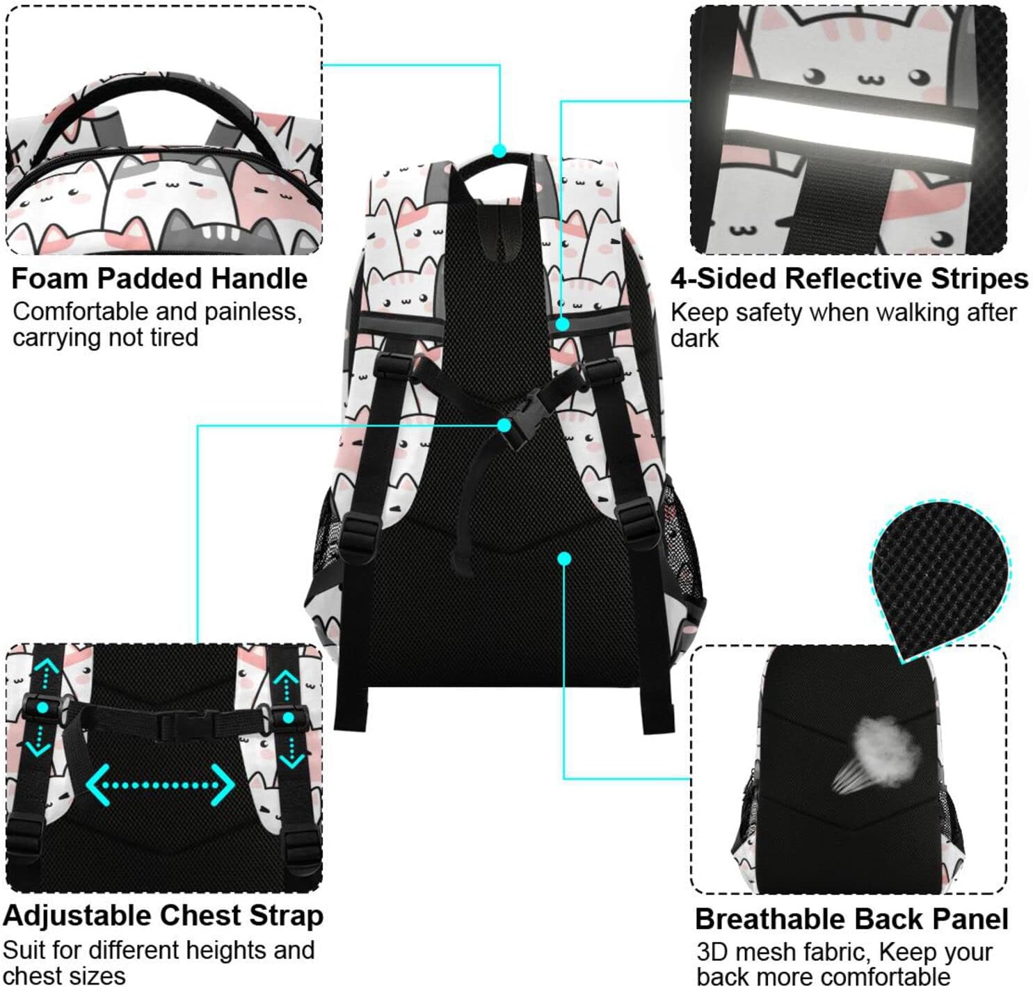 Cute Cats Kittens Backpack for Girls Boys Elementary School Bag Kids Bookbag Travel Rucksack - Image 4