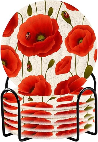 Vibrant Floral Pattern Poppy Drink Coasters Set Coasters for Coffee Table with Holder Set of 6 Table Cup Coasters