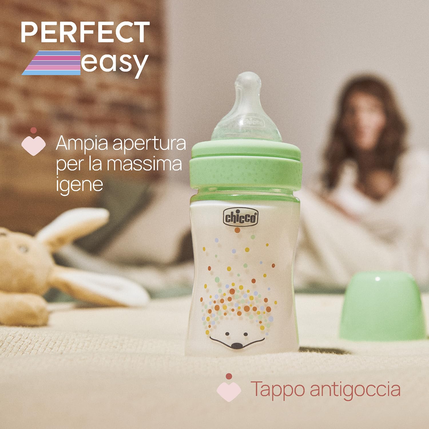 Chicco Biberon Perfect Easy Flusso Lento, con Tettarella Physio in Morbido Silicone e Finitura Soft Sense, Anticolica, Riduce Rigurgito e Irritabilità, Bottiglia in Vetro da 150ml, 0 Mesi+, Neutro
