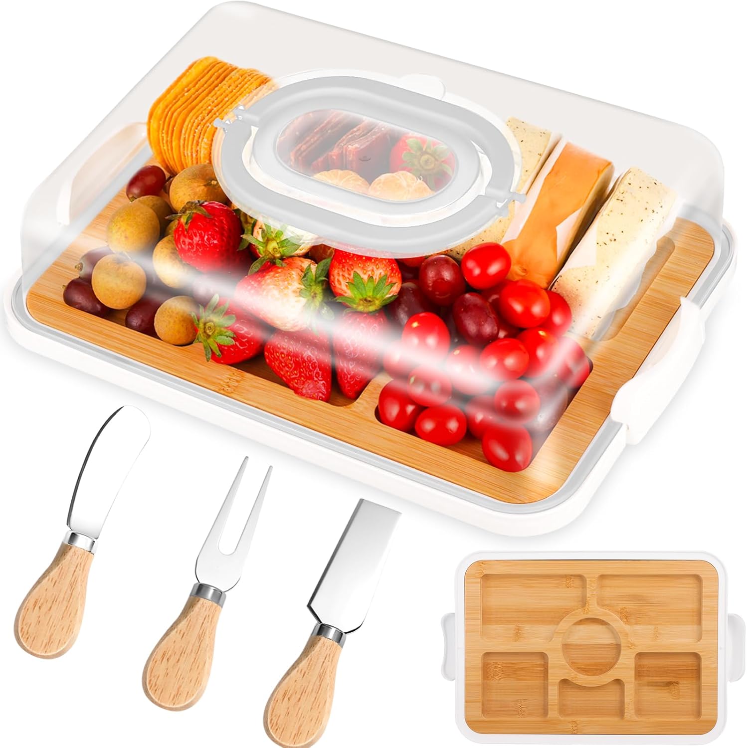 Portable Charcuterie Board with Locking Lid Base Set for Travel for Mom Bamboo Cutting Cheese Board with Cover Compartments Wedding Gifts for Couple Her House Warming