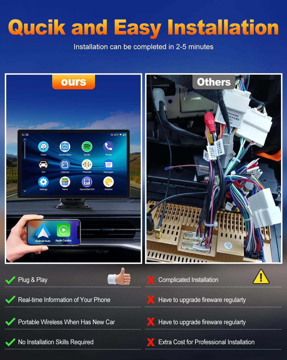 Volam 9 pouces ecran voiture carplay avec 2.5K Dashcam,1080p Rearview Camera,ecran Voiture CarPlay&Android Auto,MirrorLink,GPS-Navigation,Voice Assistant,Loop Recording,G-Sensor,64GB TF Card,Bluetooth