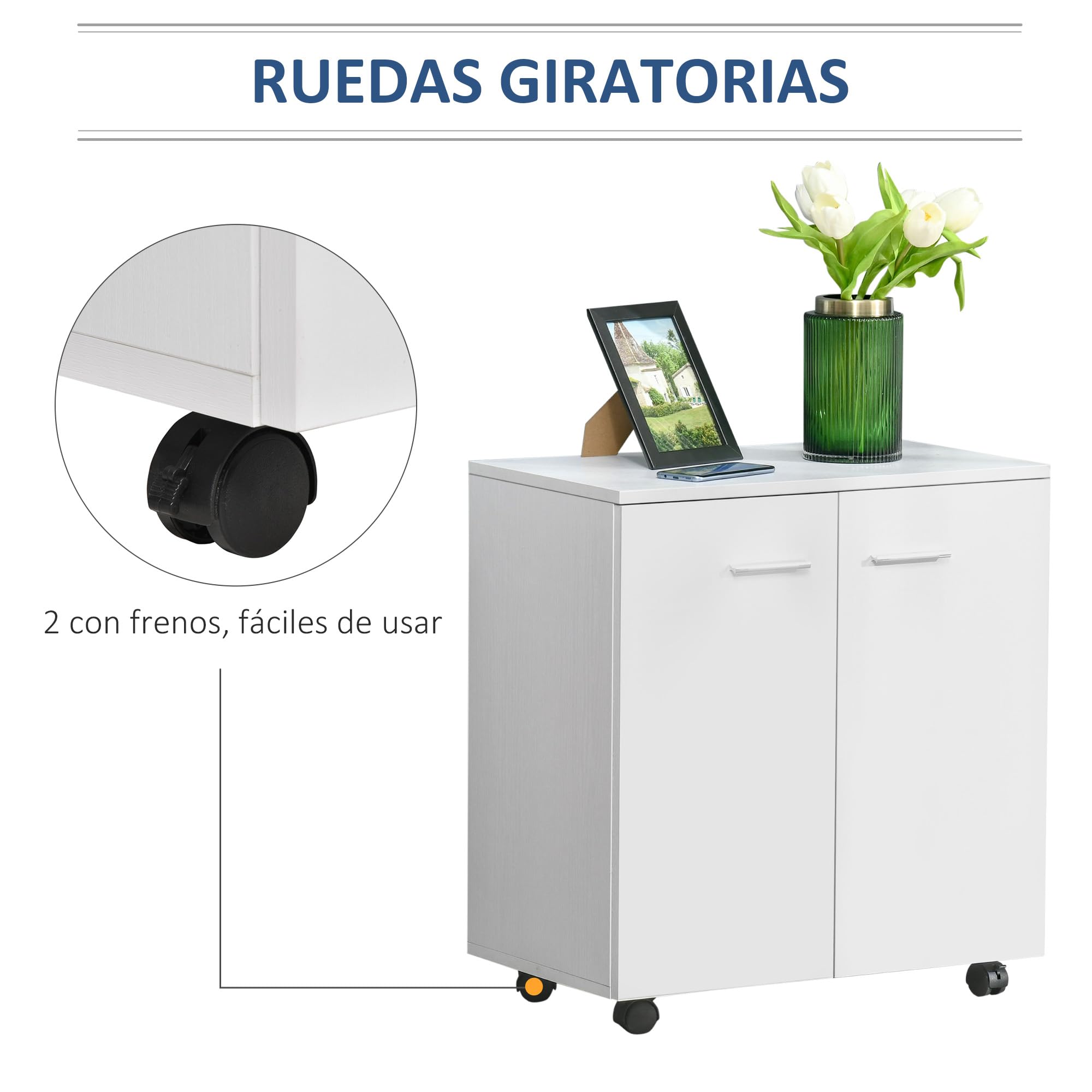 HOMCOM Mesa Armario Movil Mueble TV con Ruedas y 2 Puertas 60x35x65cm | de Madera, Consola Cajonera
