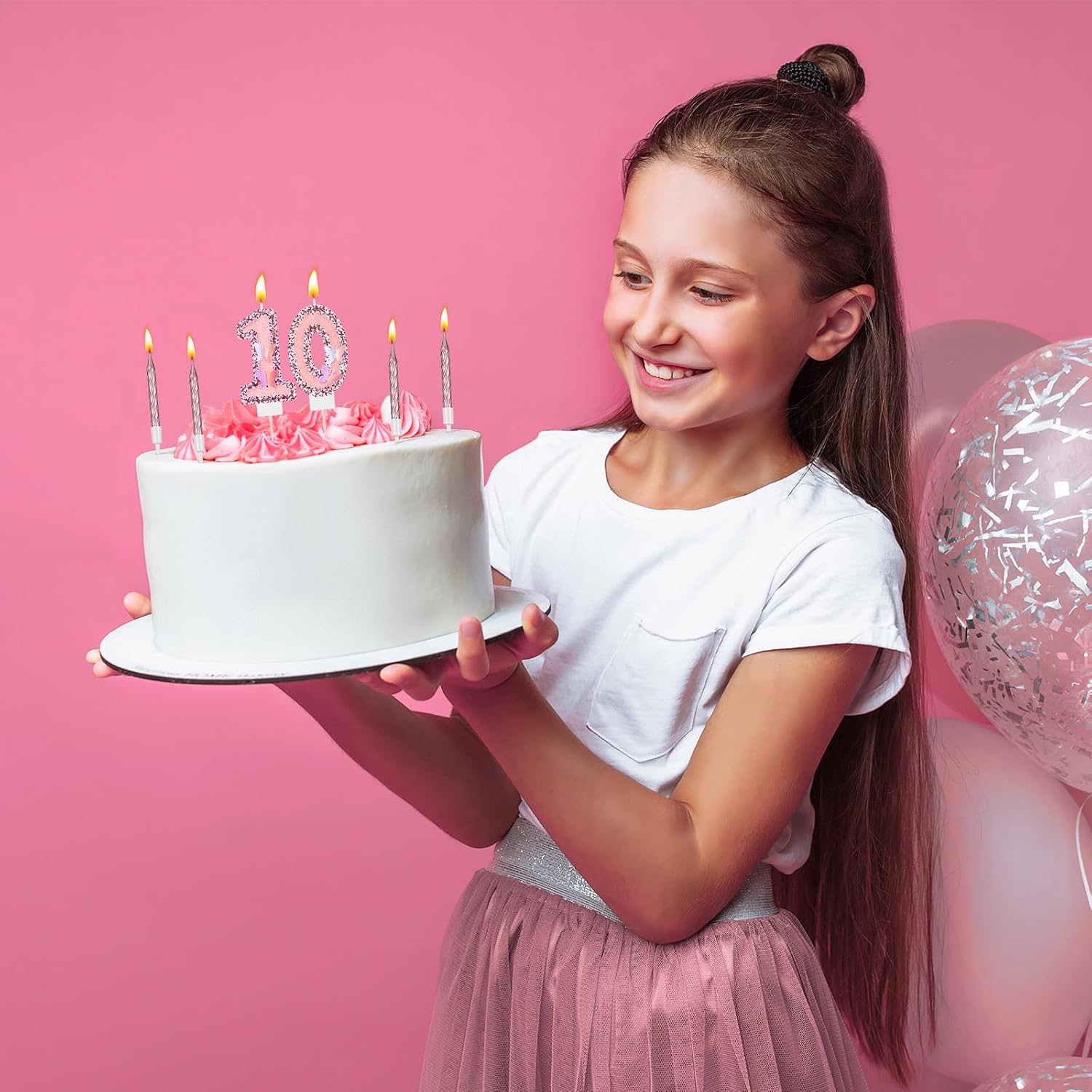 Amylove 10 Birthday Candle Pink Glitter Birthday Candles for Girls Princess Sequin 10th Number Happy Cake Topper with 10 Long Thin Cupcake Candle for Party Cake Topper Party Decor
