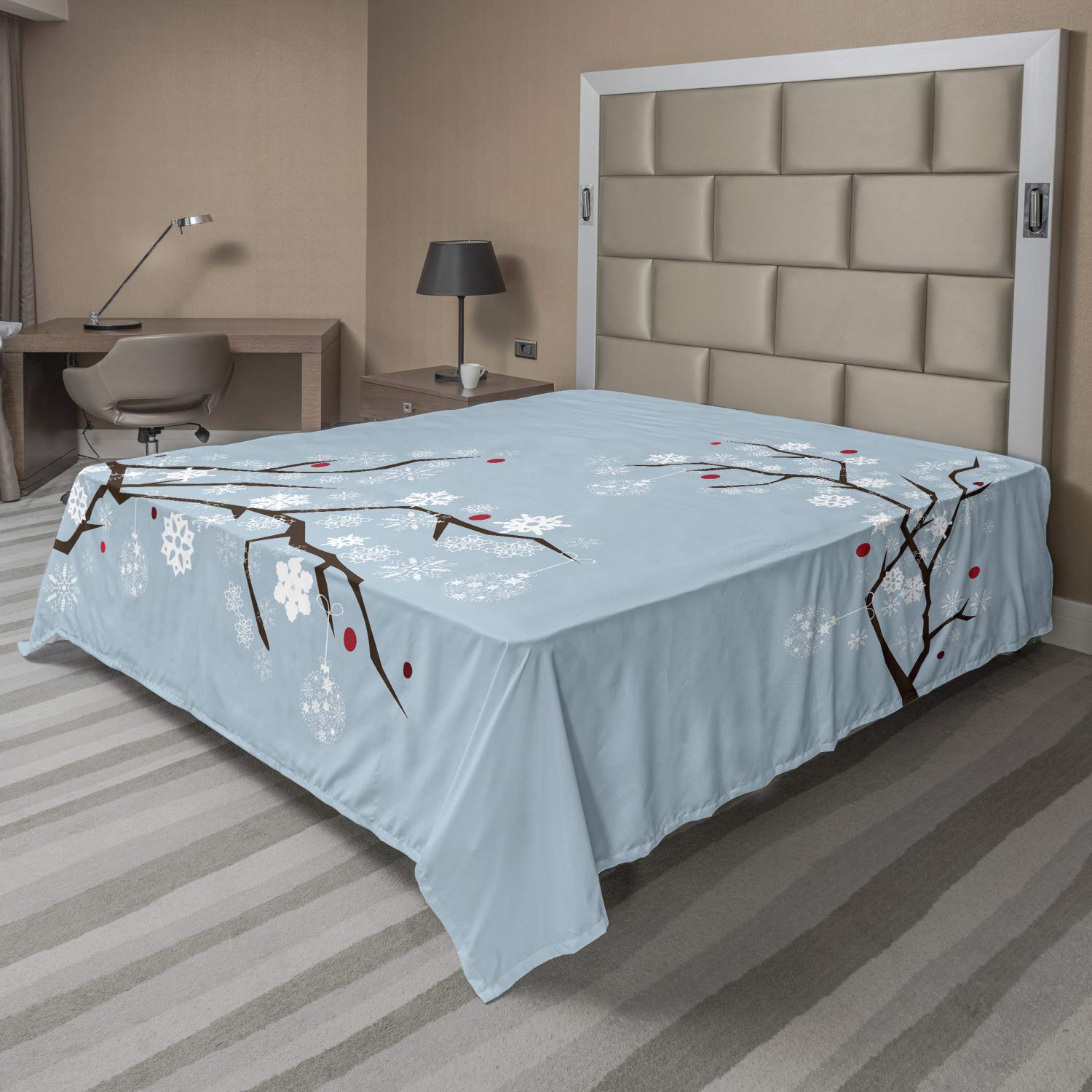 Ambesonne Snowy Trees Flat Sheet, Christmas Design of Branches Detailed with Snowflakes, Soft Comfortable Top Sheet Decorative Bedding 1 Piece, California King, Blue Grey Dark Cocoa