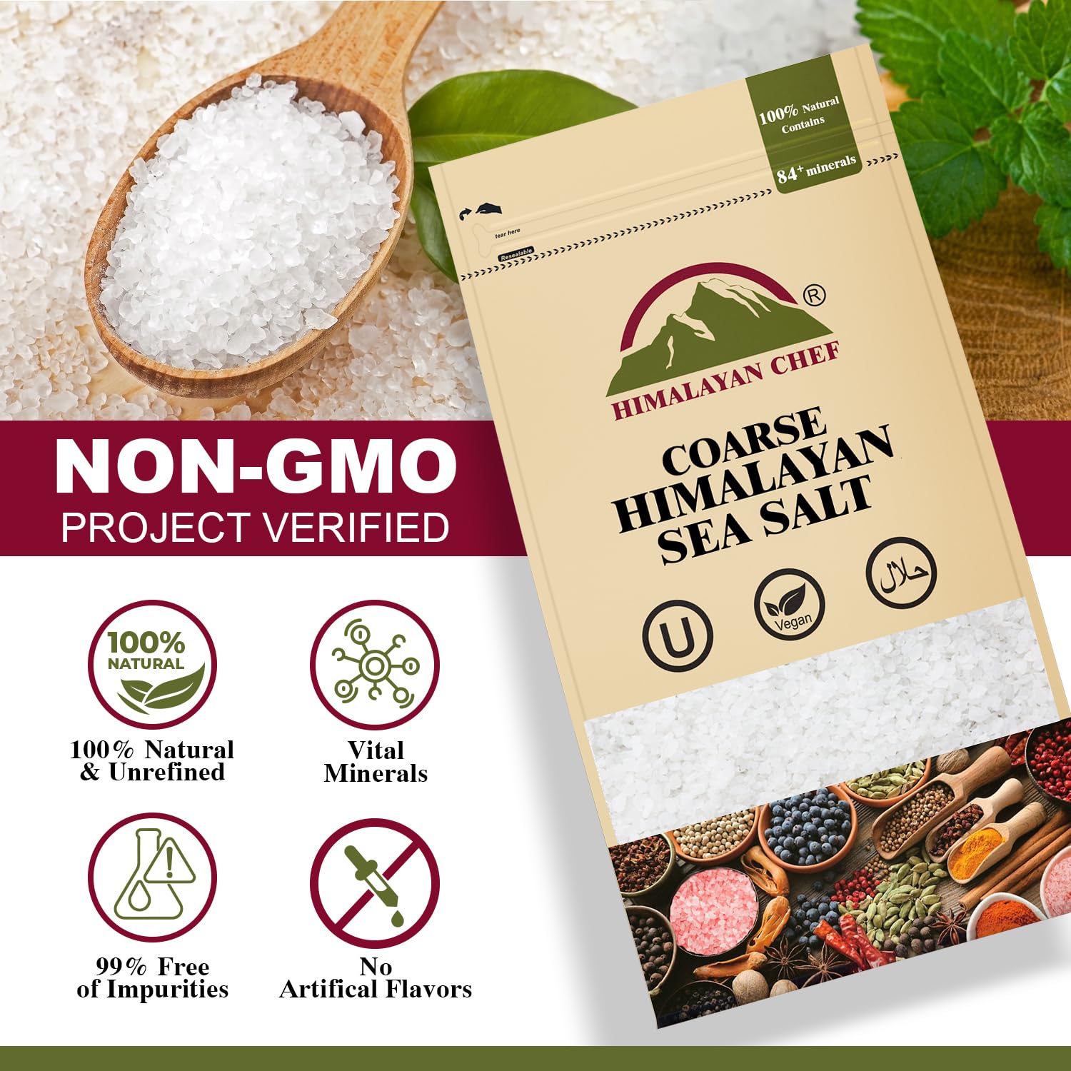 Himalayan Chef Sea Salt, Coarse Grains, 192 Ounce – All Natural and Hand Harvested Unrefined Salt, Gluten Free, Non-GMO Seasoned Salt, 48 Ounce/Each (Pack of 4)