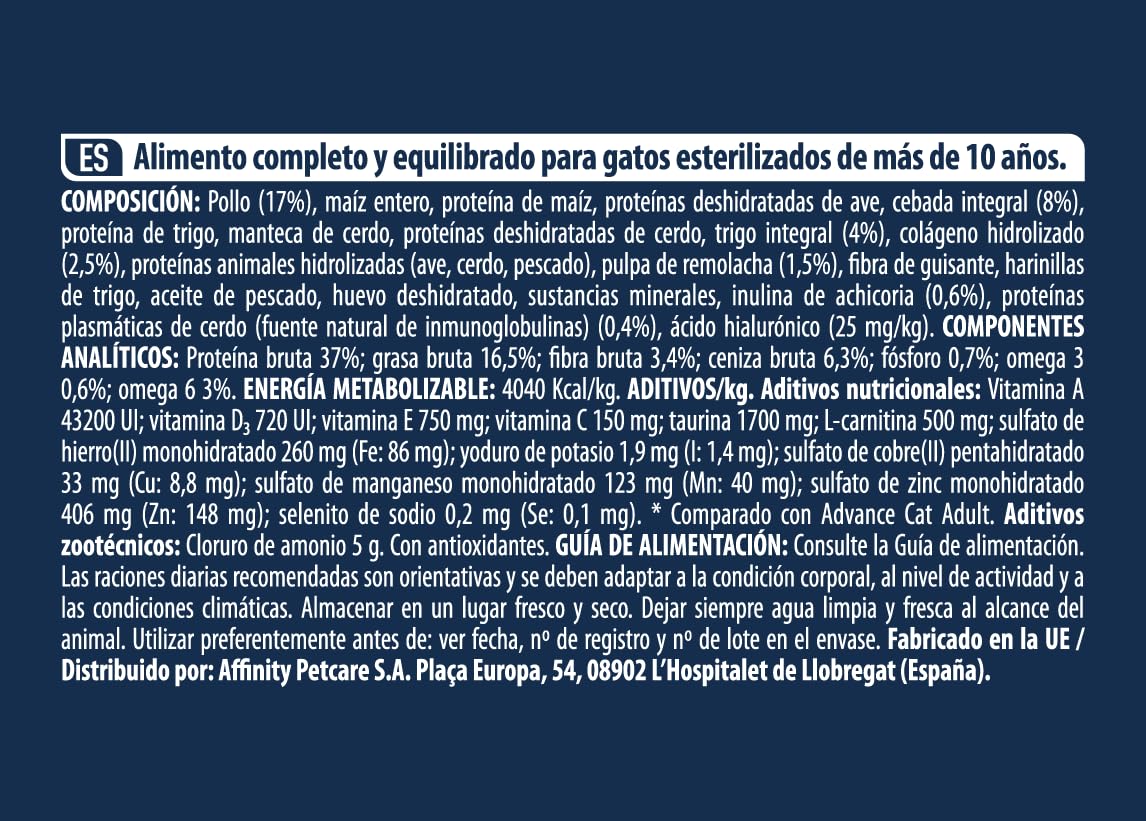 Advance Cat Senior Sterilized, Pienso para Gatos Senior Esterilizados con Pollo, 10kg