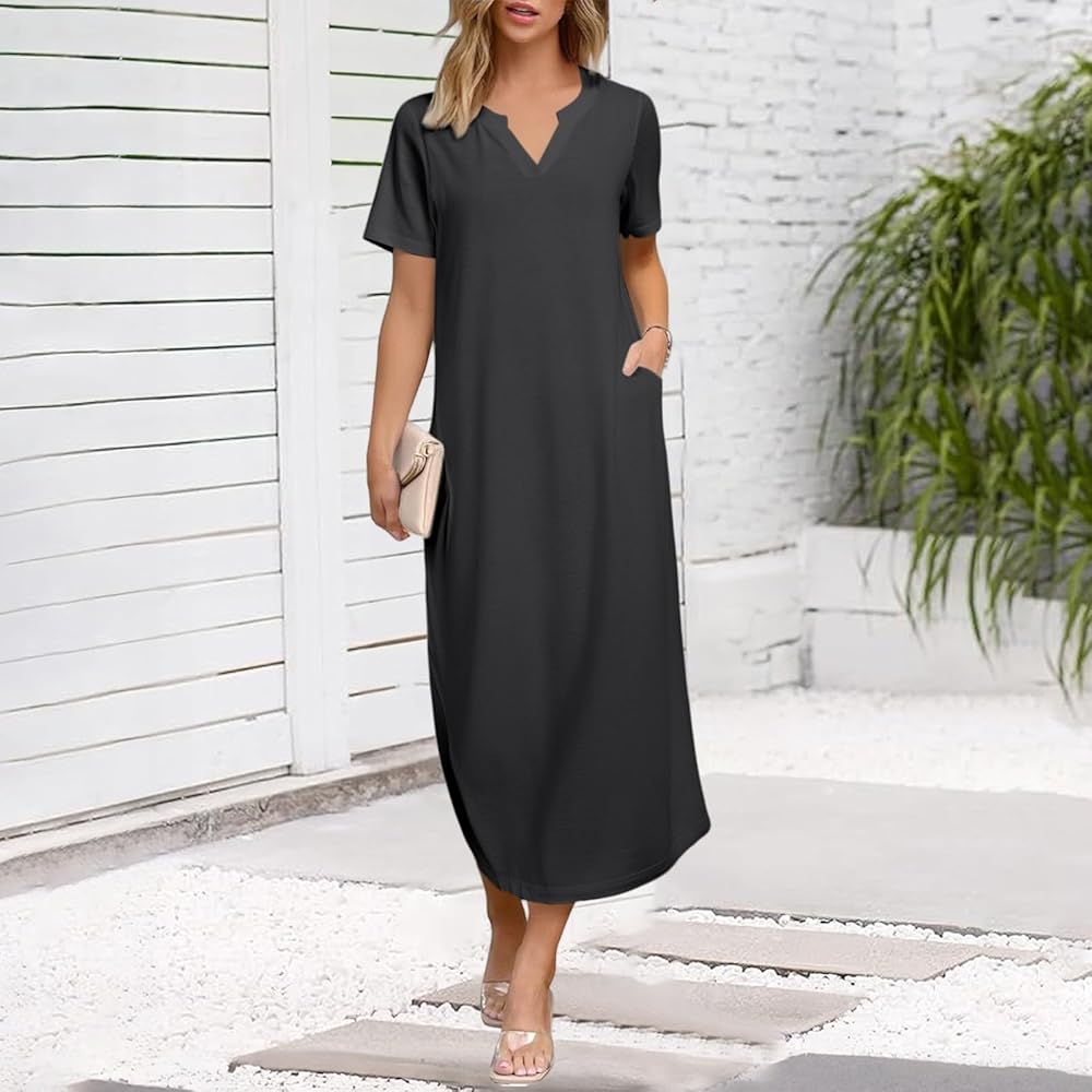 Women's Summer Casual Maxi Dress Short Sleeves V Neck Loose Split Long  Beach Shirt Dresses Vacation with Pockets(1A-Dark Gray, S) at Amazon  Women's Clothing store