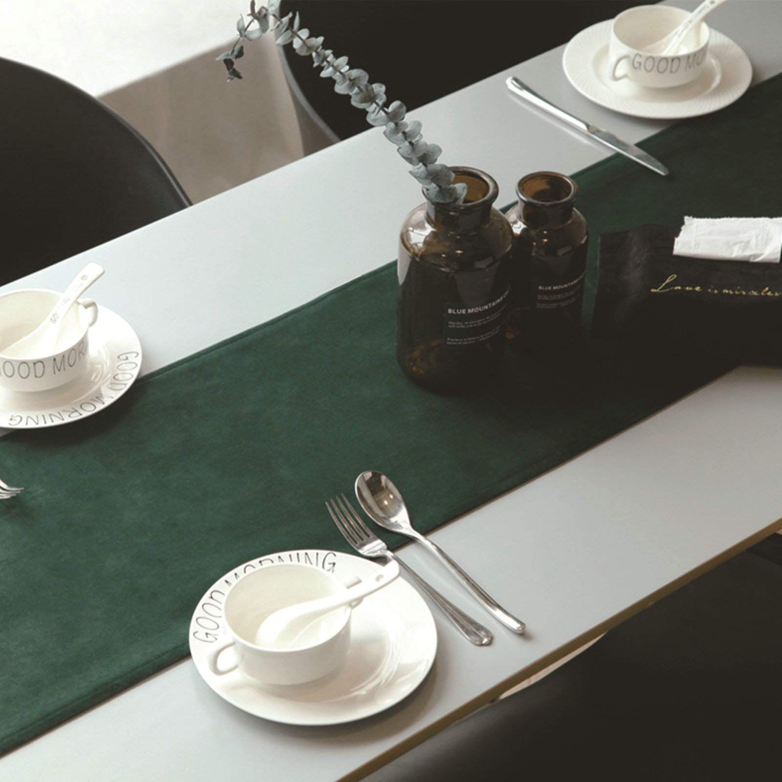 Aeici Camino de mesa rectangular de terciopelo simple, camino de mesa de cocina puro 33 x 150 cm, camino de mesa para comedor, verde oscuro