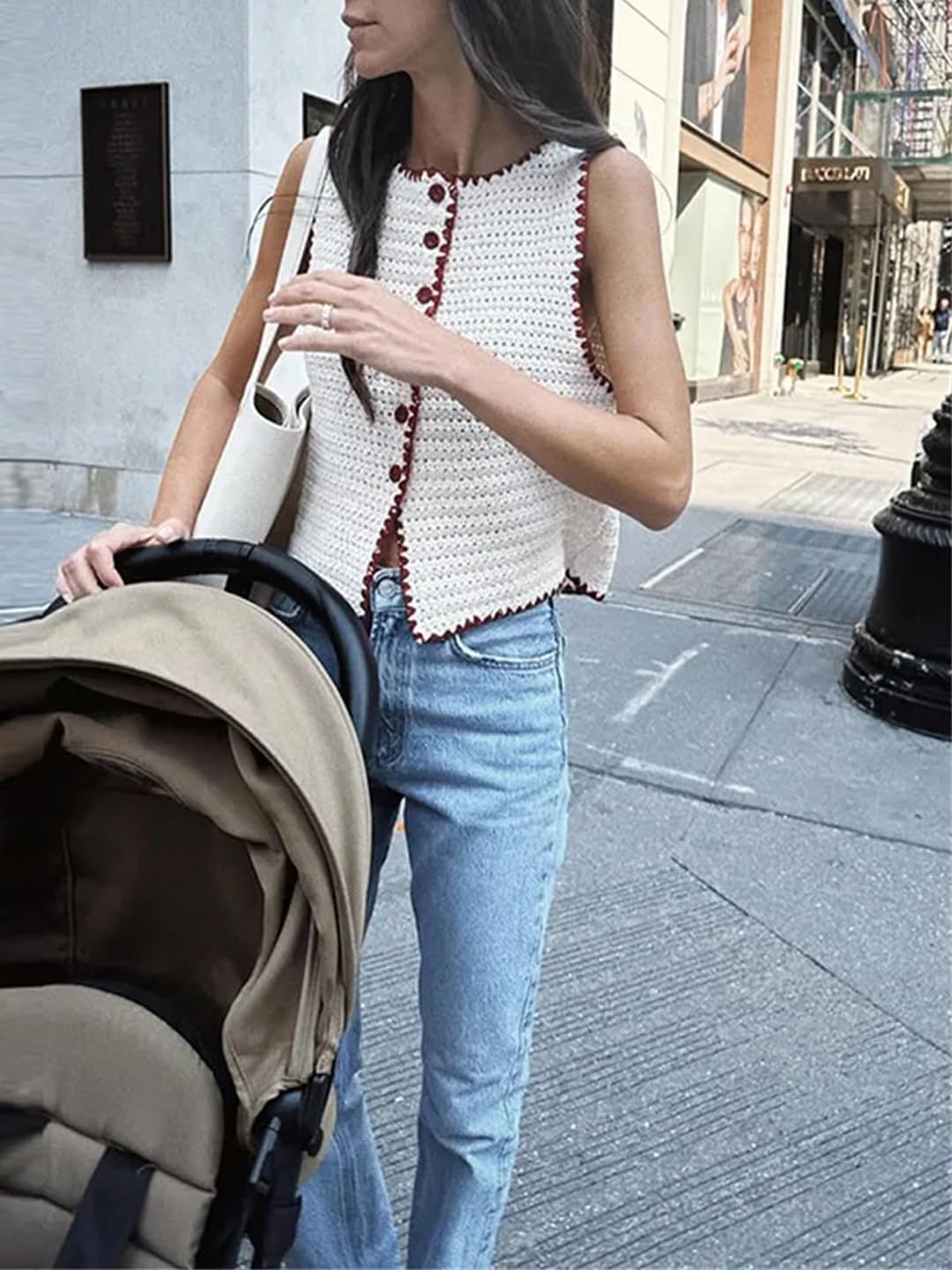 Women Sleeveless Casual Contrast Knit Vest Pants Set O-Neck Button Top Loose Wide Leg Trouser Vacation Suit