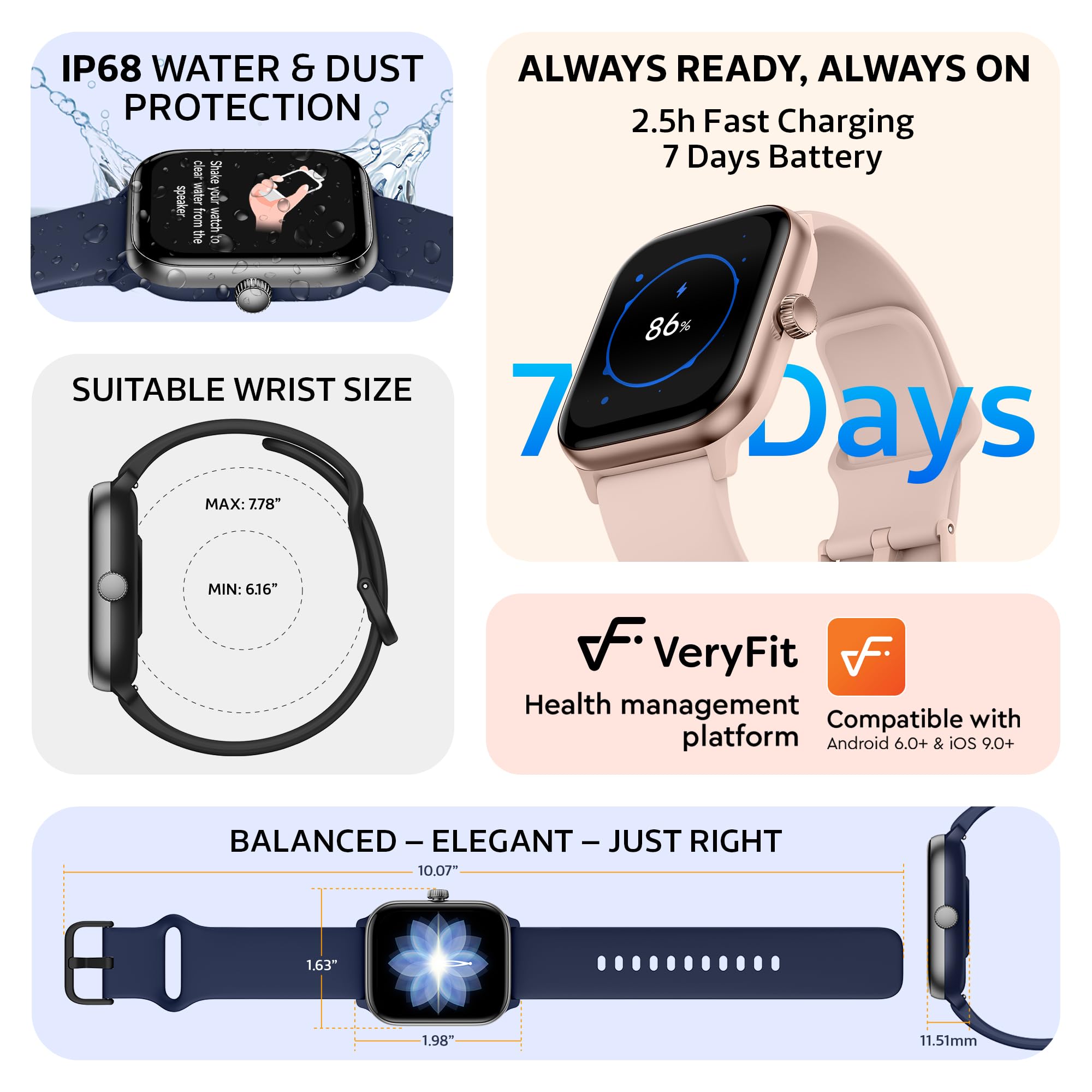 OCTANDRA Orologio intelligente Pulse 2 VeryFit per uomo e donna, Alexa con schermo AMOLED integrato da 1,8 pollici IP68, fitness tracker, energia corporea, frequenza cardiaca, saturazione di ossigeno,
