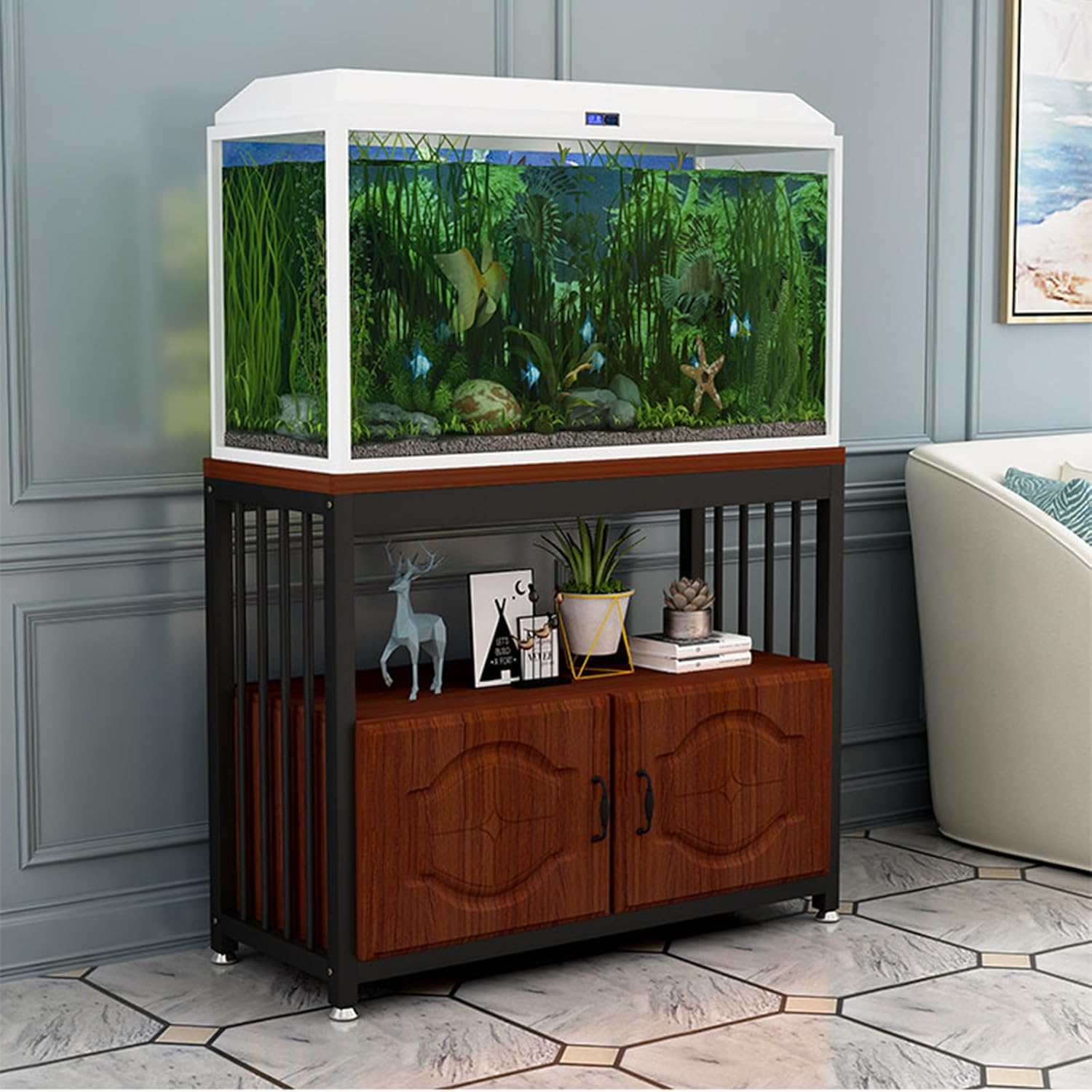 30 Gallon Fish Tank Stand, Wooden Aquarium Stands, with Shelves and Storage Cabinet for Fish Tank Accessories Storage, Turtle Terrarium Stand Rac White shelves + blackboard + white cabinet 50x40x70cm
