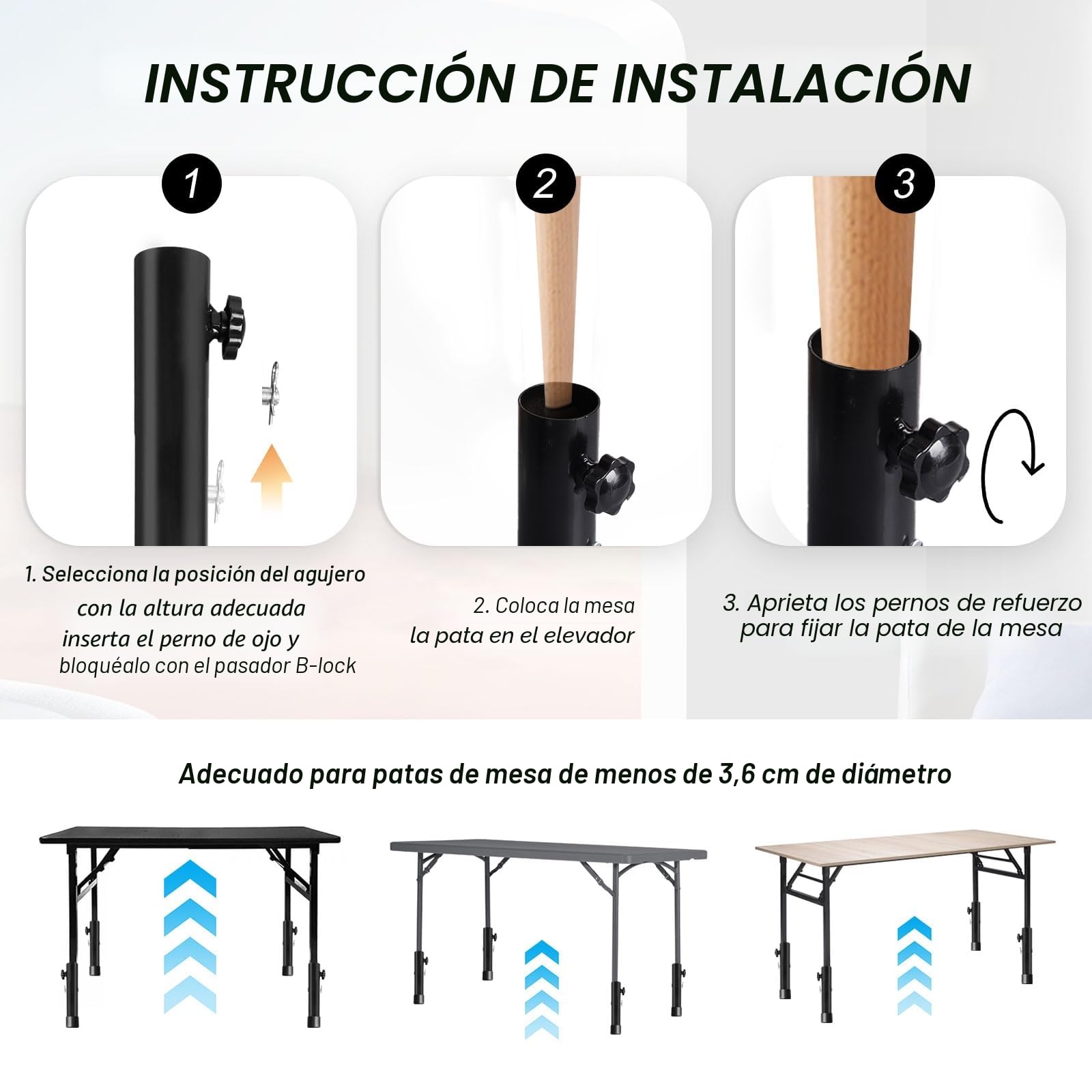 4 Piezas Extensores de Patas de Mesa Plegables, Patas Metalicas para Muebles, Ajustables Altura de 9,2cm / 13,3cm, Elevador Mesa, Pata para Mesas Sillas Doblado o Recto (Negro)