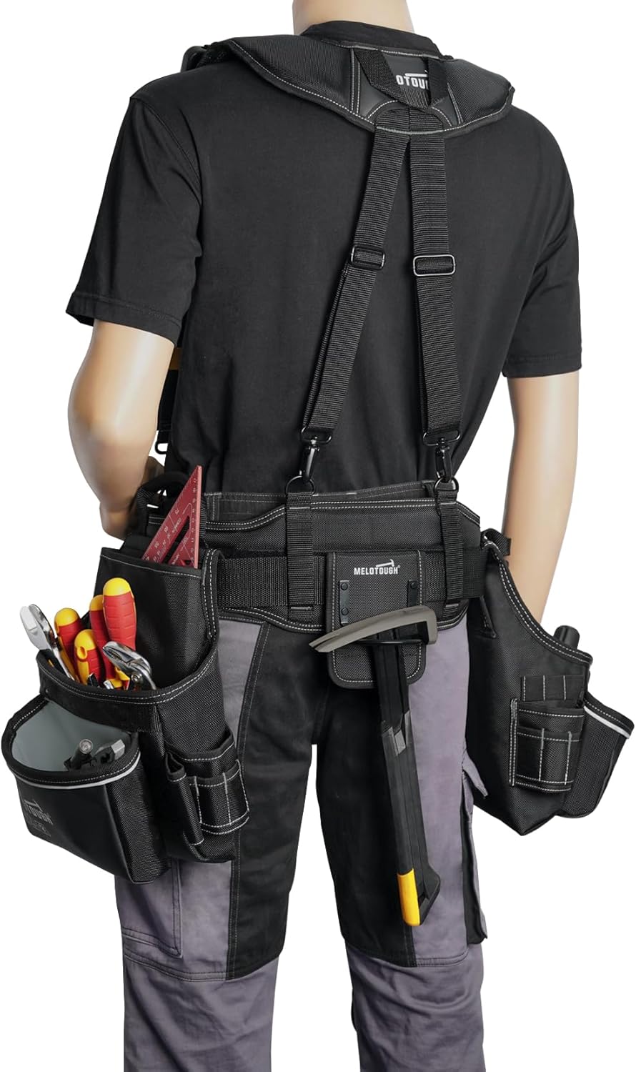 MELOTOUGH Professional Tool Belt with Suspenders Carpenter Tool Belt Combo Organizer Tools Pouch Suspenders with 32 Pockets and Loops fits 34"-48"Waist - Image 9
