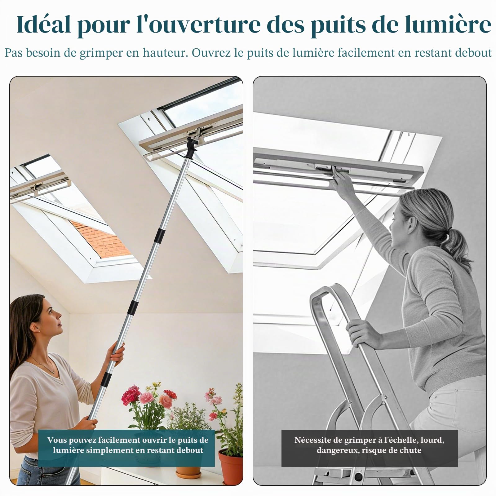 Newthinking Perche télescopique pour fenêtres Velux - 1,87 m - En acier inoxydable - Longue poignée - Avec crochet - Pour fenêtre de toit Velux