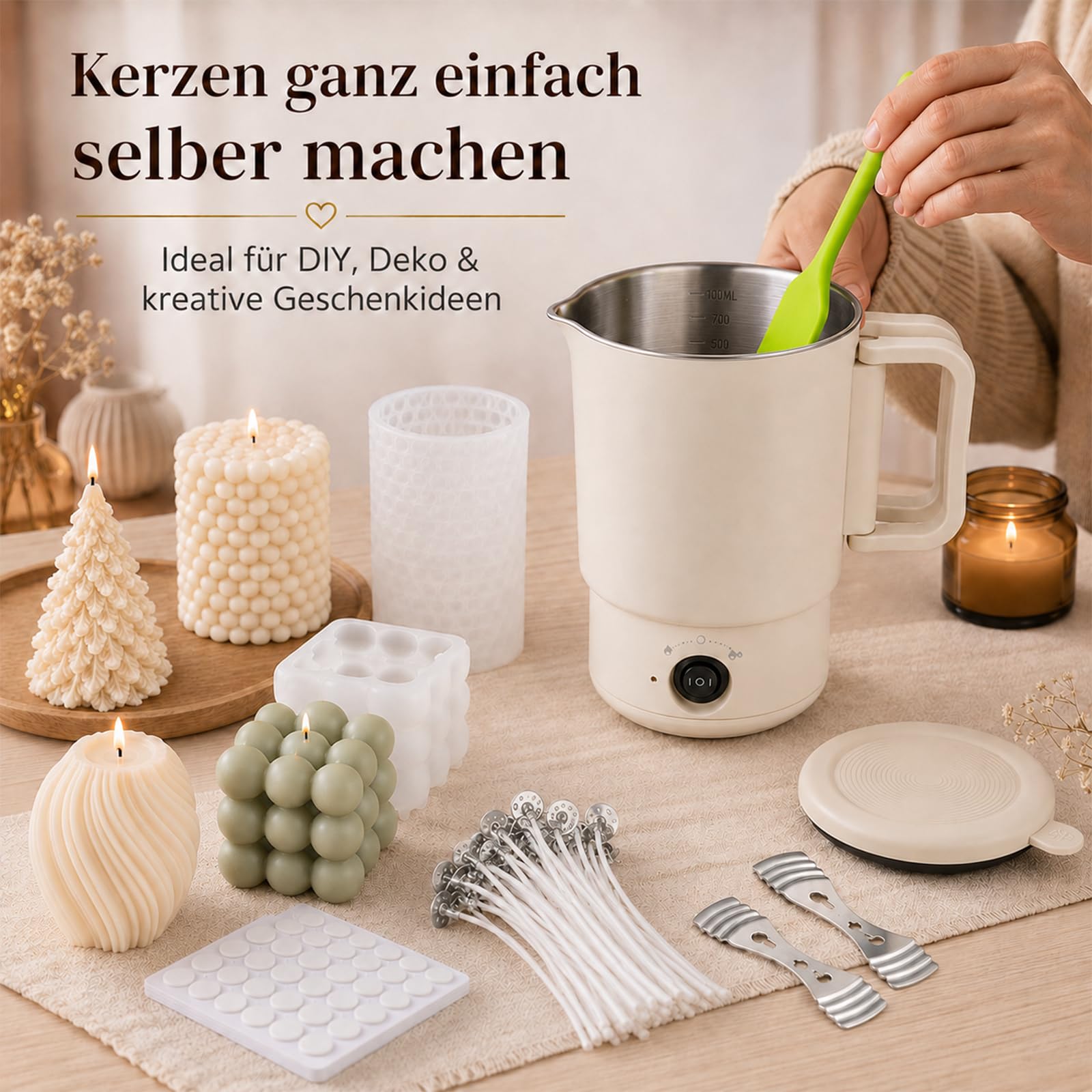 GARMEE Fundidor de Cera Eléctrico 800 ml para Hacer Velas, Kit Fabricación de Velas DIY para Adultos y Principiantes, con 4 Moldes de Silicona, 50 Mechas, 60 Adhesivos para Mecha y Accesorios
