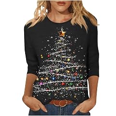 Merry Christmas Sweatshirt Women Xmas Santa Tree Graphic Pullover Tops 3 4 Sleeve Crew Neck Casual Fall T-Shirt