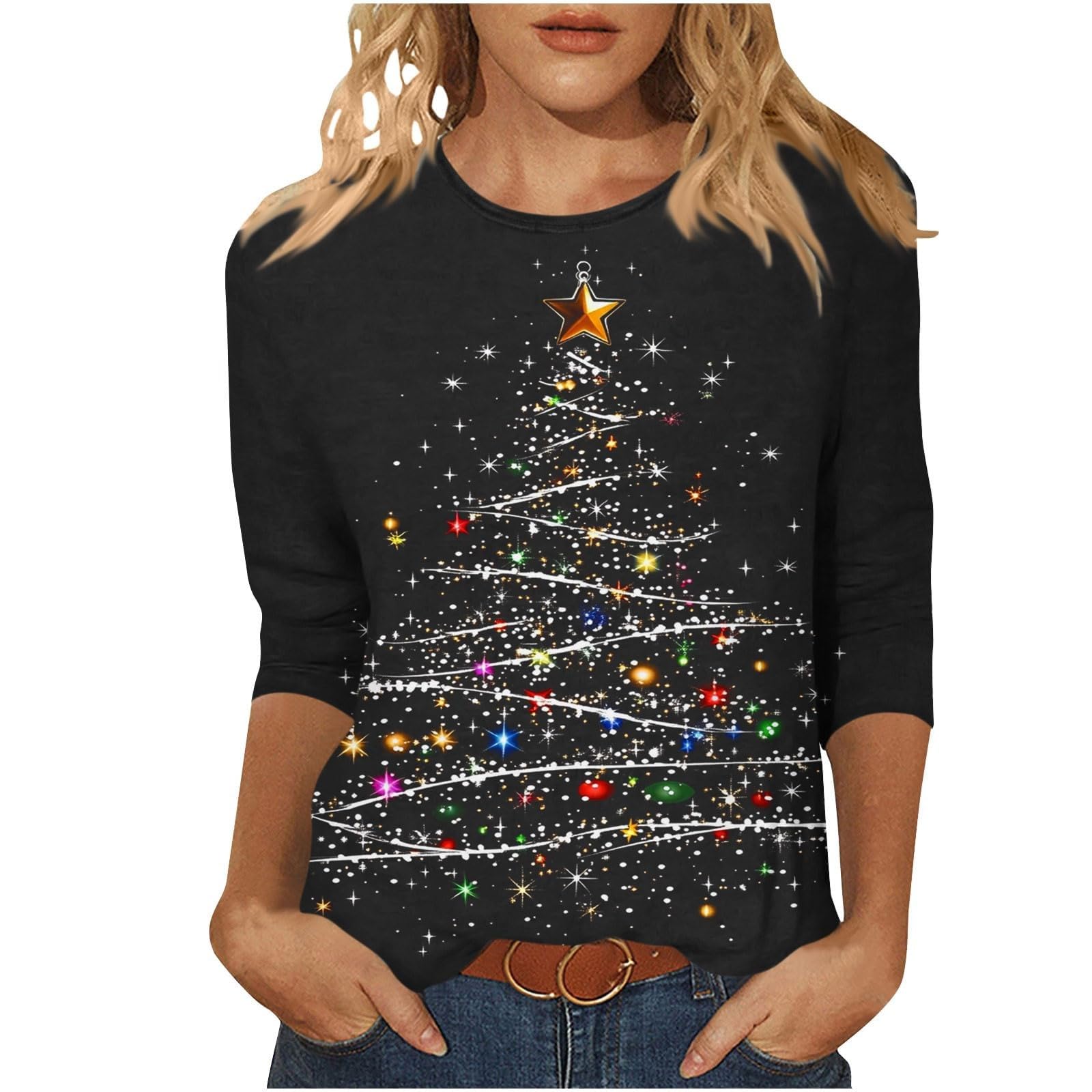 Merry Christmas Sweatshirt Women Xmas Santa Tree Graphic Pullover Tops 3 4 Sleeve Crew Neck Casual Fall T-Shirt