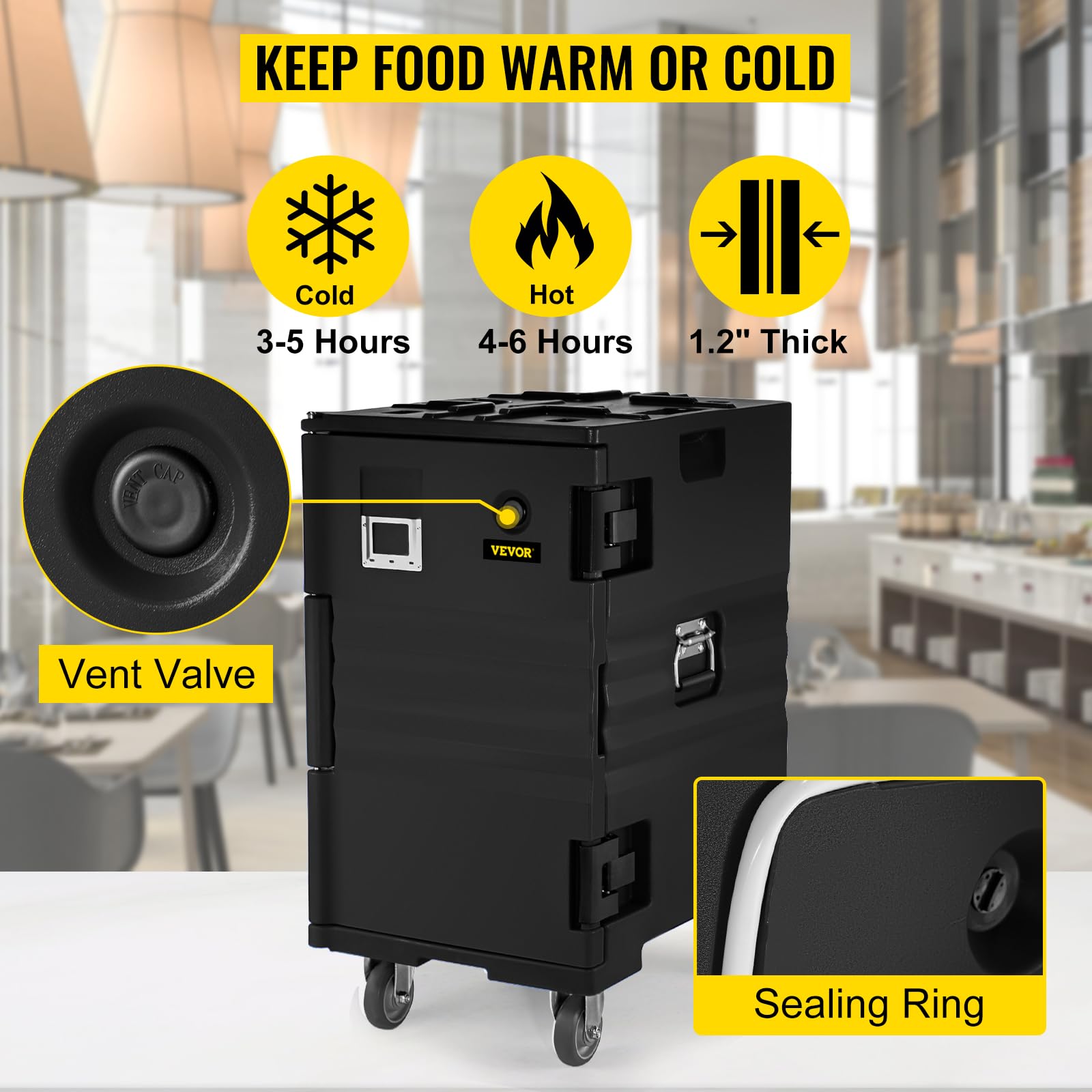 VEVOR Izolowane pudełko termoizolacyjne, pojemnik na żywność, 120 l, do cateringu, zwijany, przenośny pojemnik na żywność LLDPE, czarny, załadowany od przodu podgrzewacz jedzenia do restauracji