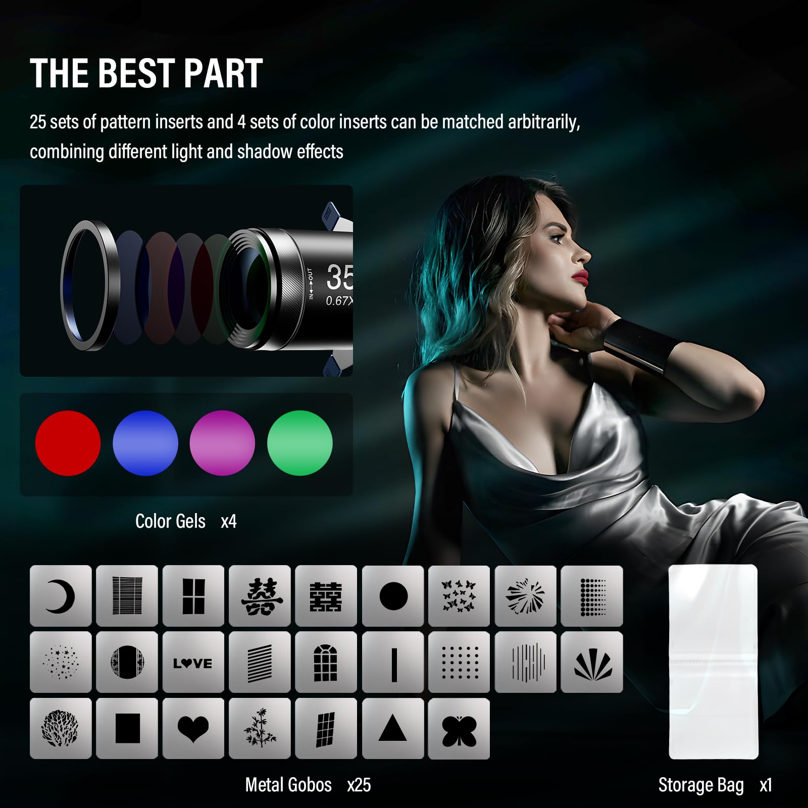 Soonpho KF80 Snoot Fotografico Messa a Fuoco Ottica Corpo in Alluminio Dotato di Attacco Bowens Slot per Scheda Magnetica Luminosità 5 Volte con 4 Filtri Colorati e 25 Modelli GOBO per la Fotografia