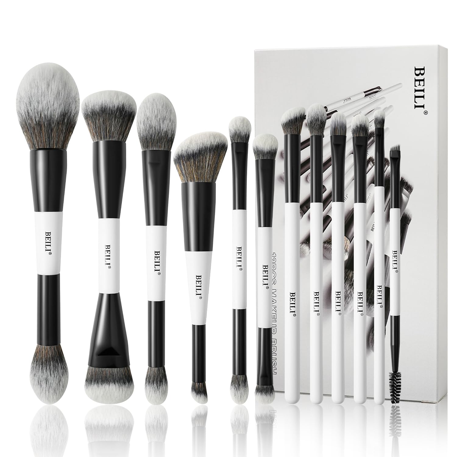 BEILI Lot de Pinceaux de Maquillage 12 Pièces, Ensemble de Pinceaux de Maquillage Professionnels, 18-en-12 avec Deux Extrémités pour Poudre, Fond de Teint, Correcteur, Sourcils, Fard à Paupières