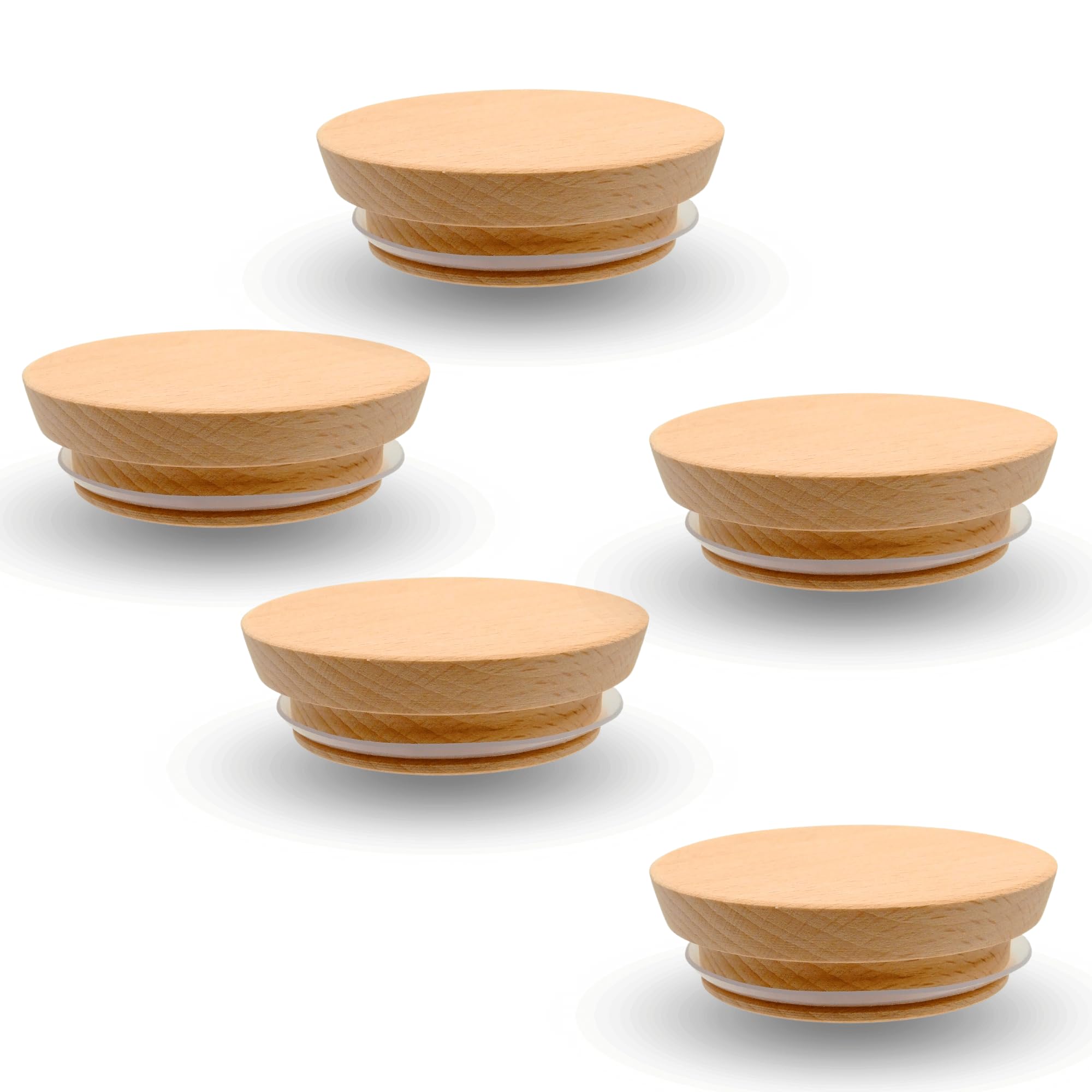 Coperchio in Legno con Guarnizione - Faggio, Coperchio in Legno per Barattolo, Coperchio in Legno per Tazza, Coperchio rotondo in legno (75/58mm x 5)