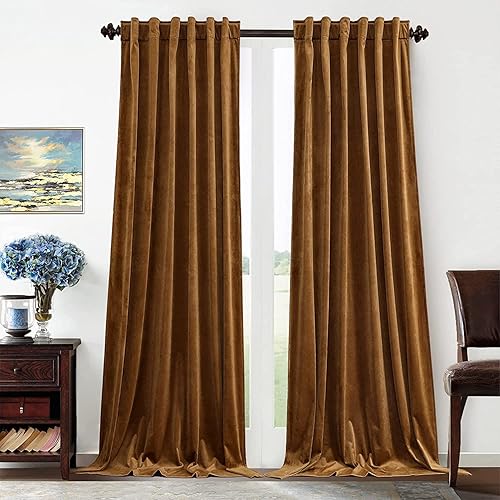 Benedeco Gold Brown Velvet Curtains for Bedroom Window with Back Tab, Super Soft Vintage Luxury Heavy Drapes, Room Darkening Thermal Insulated Curtain for Living Room, W52 by L84 inches, 2 Panels