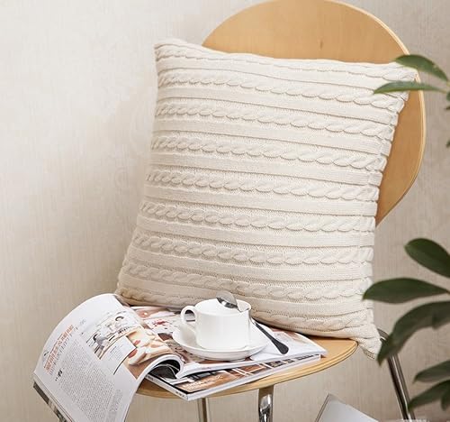Miniatura 1 de Home-organizer Tech Funda de cojín decorativa de punto extraíble de algodón, patrón de tejido de cable, fundas de almohada cuadradas y cálidas, 17.5