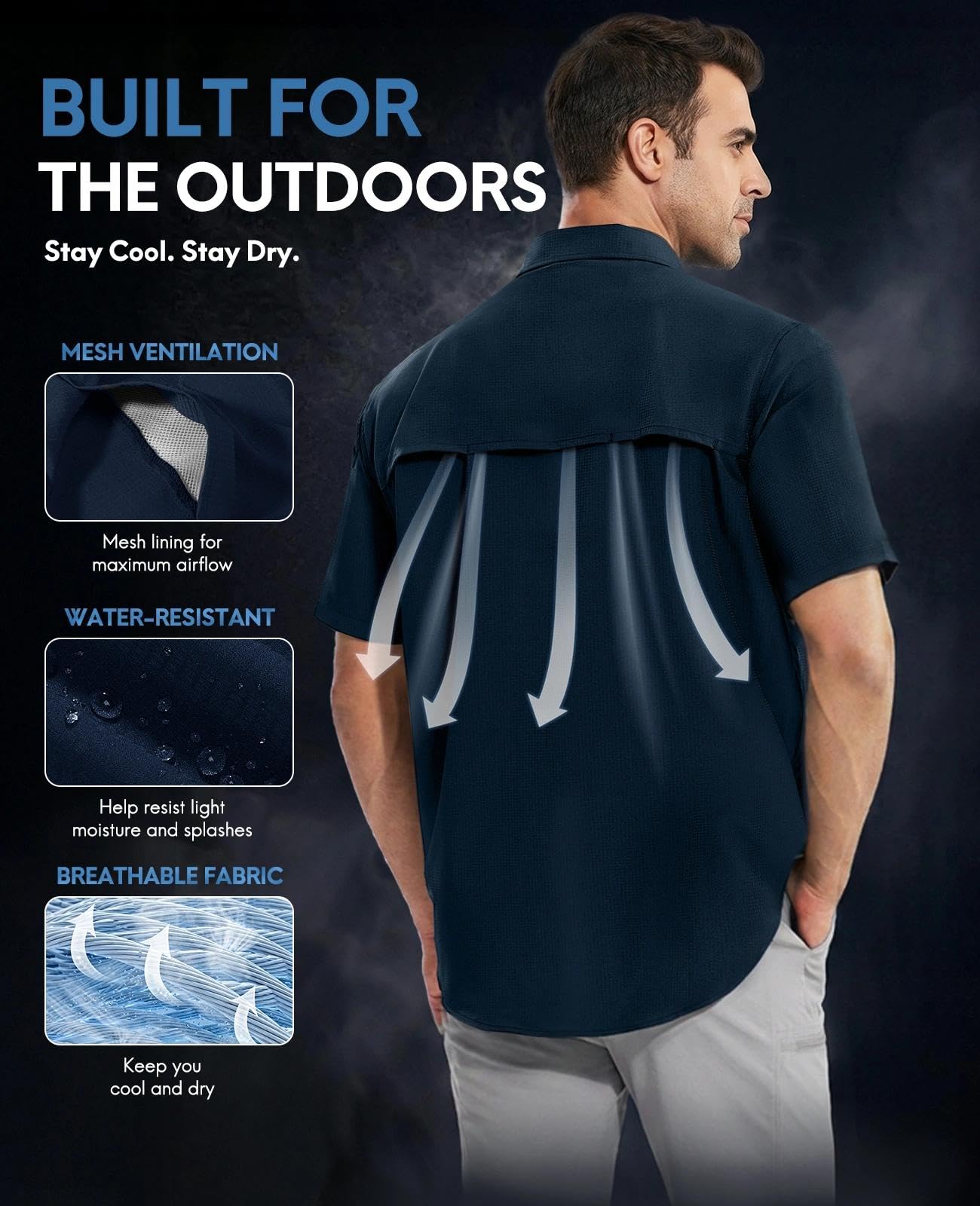 Haimont Camisa de protección solar para hombre, resistente al agua, manga corta, con botones, de secado rápido, para senderismo, pesca