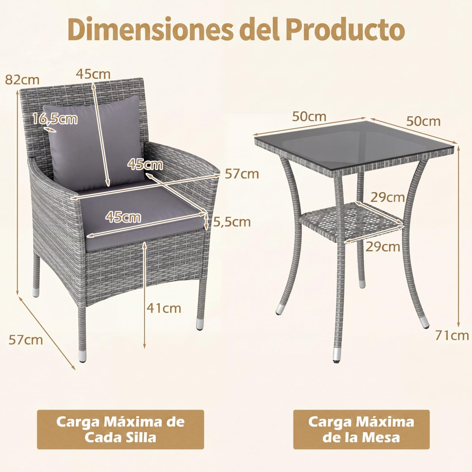 GIANTEX Juego de Muebles de Jardín 3 Piezas, 2 Sillones con Cojines y 1 Mesa con Tablero de Cristal, Conjunto de Muebles de Ratán para 2 Personas, Juego de Bistró para Balcón, Patio (Gris)