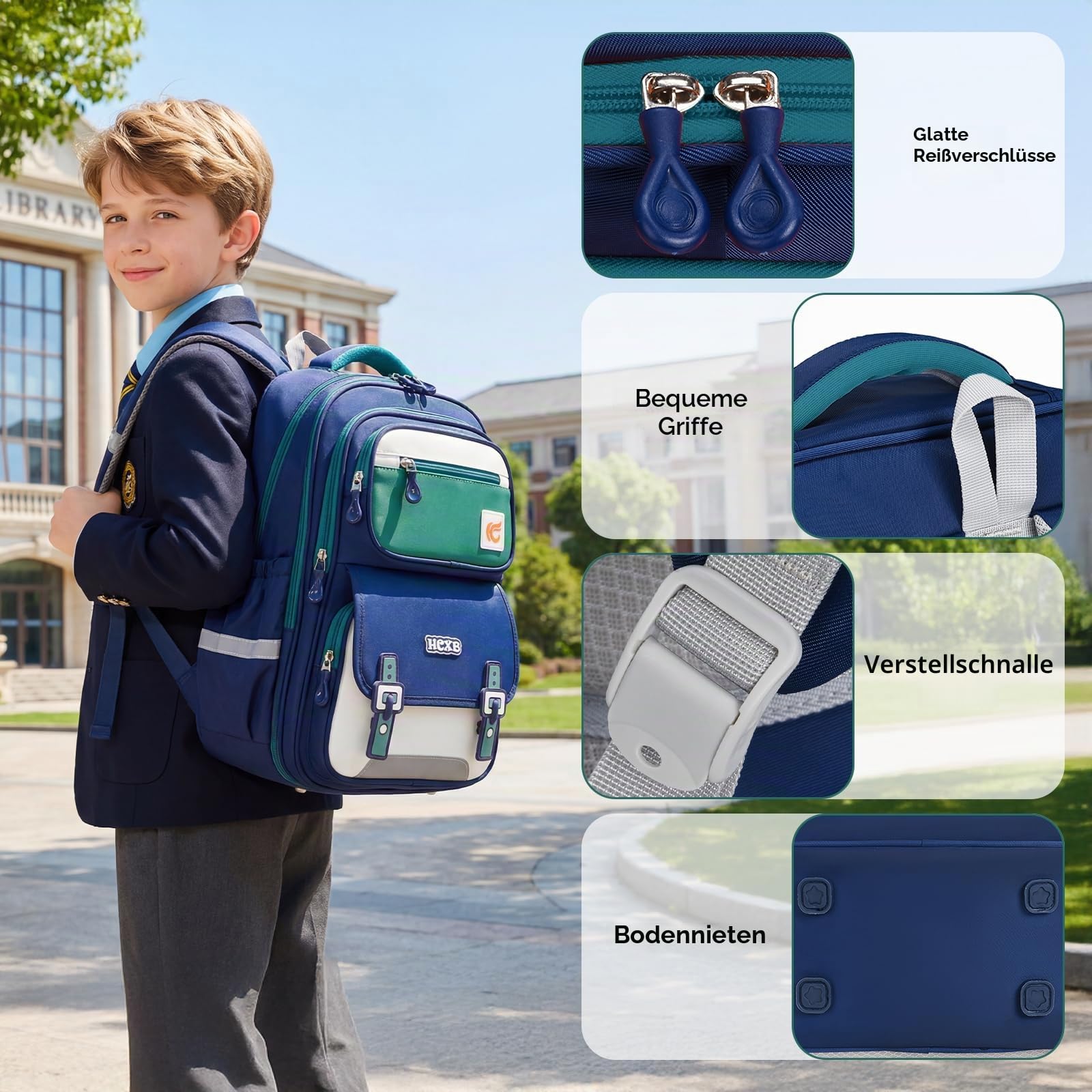 Amythe Schulrucksack Jungen 1. - 5. Klasse mit Reflektierend für Schule | Ergonomisch Schulranzen Lässiger Schultasche mit Brustgurt, Wasserdicht - Blau