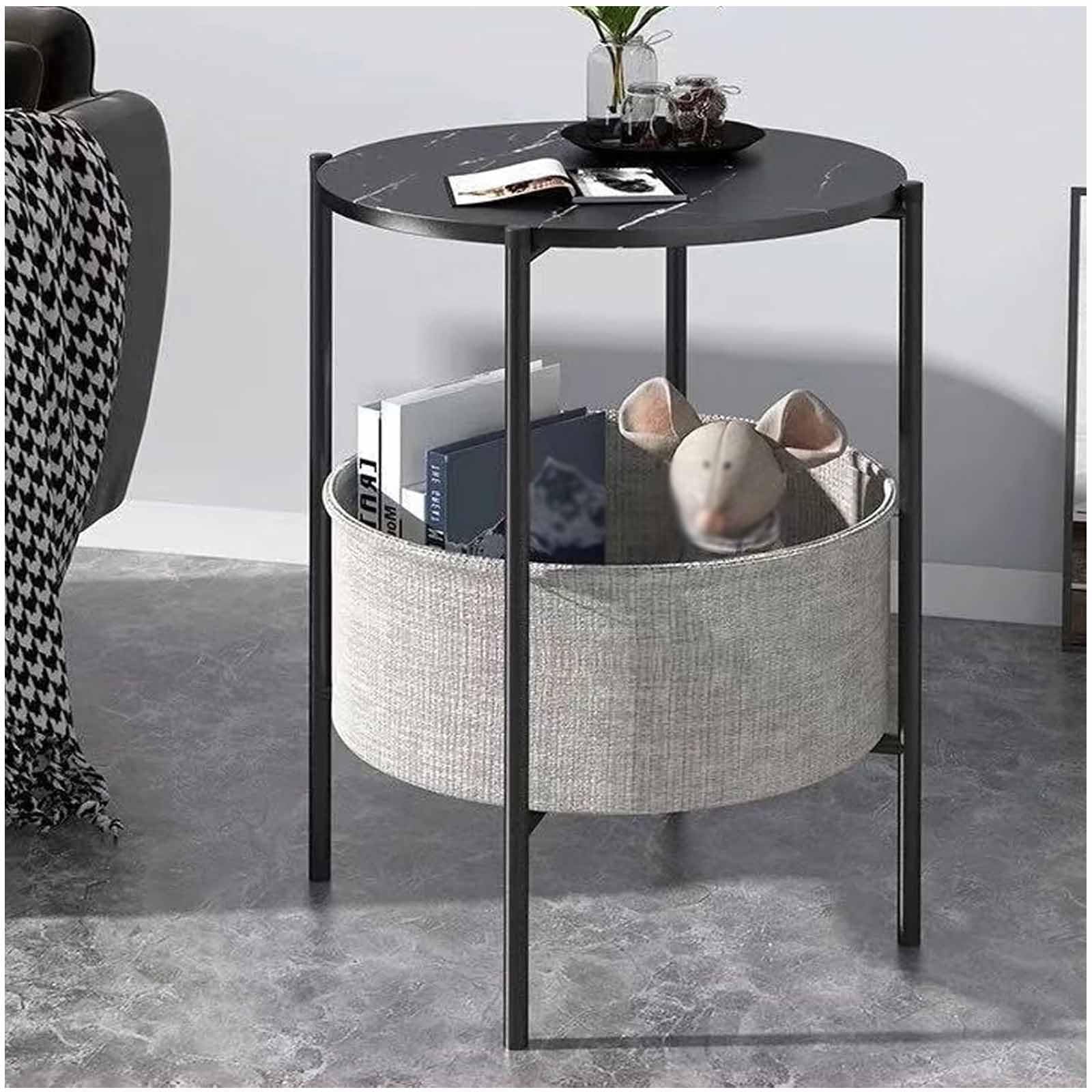 SXZenSpace Round Side, End Table with Fabric Storage Basket, Metal Small Bedside Nightstand Removable Tray Top, 2-Tier Couch Snack for Nursery, Living Room,Black 1