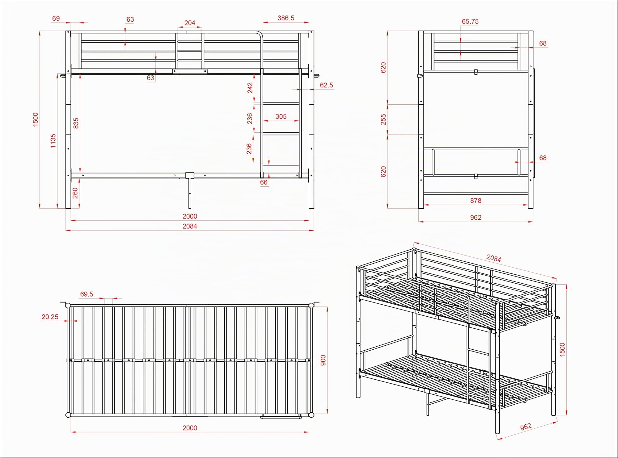 Literas para Niños, Juveniles y Adultos, Estructura Metálica con Escalera y Barandillas, Convertibles en Camas Gemelas, 90x200