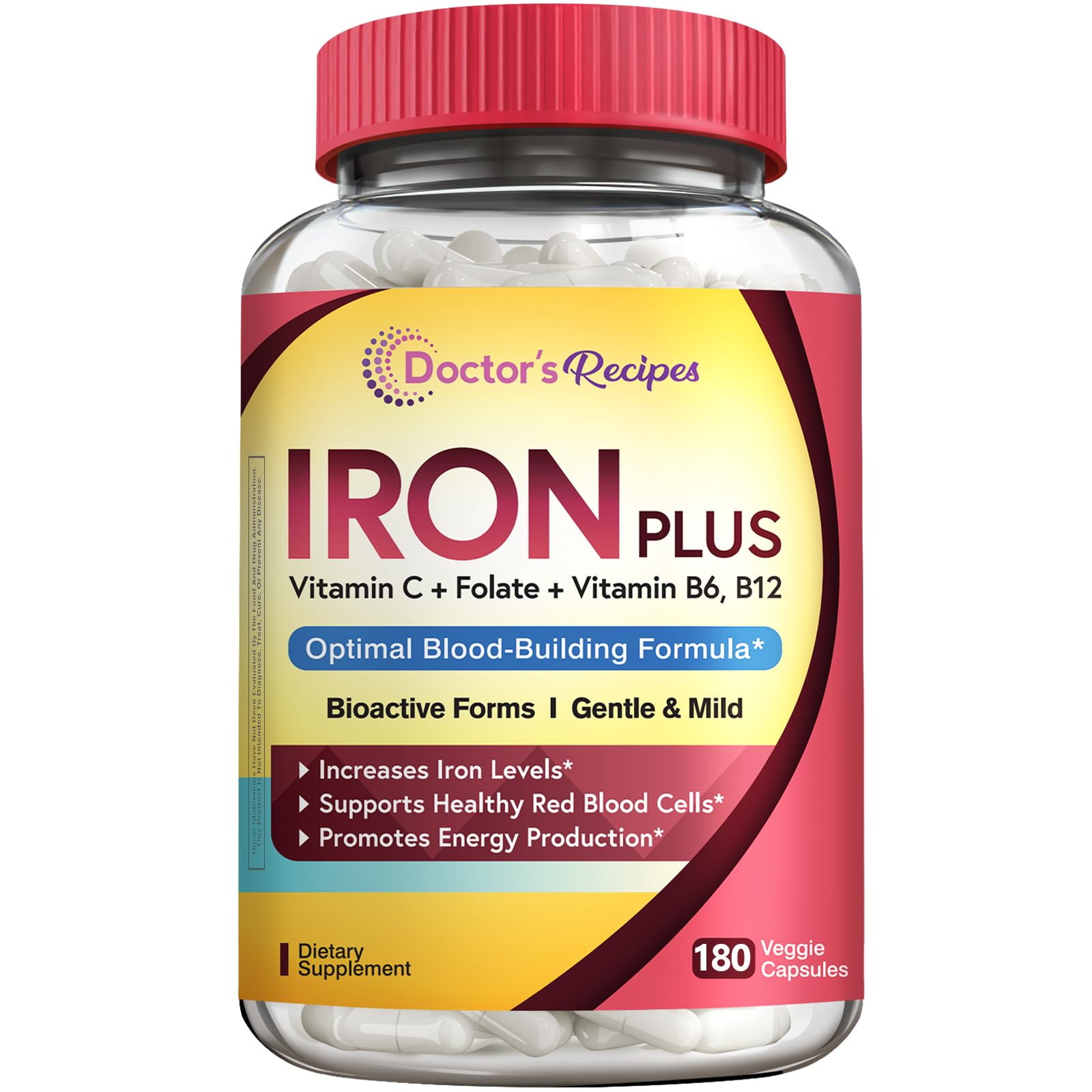 Doctor's RecipesIron Supplement for Women Men - Gentle Iron Bisglycinate with Vitamin C, B6, Folate & B12 - Non-Constipating & Stomach Friendly Iron Pills for Blood & Energy Support, 180 Vegan Caps