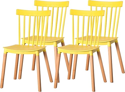 Miniatura 9 de Fabulaxe Silla de comedor de plástico moderna diseño Windsor con patas de madera de haya, color blanco juego de 4 Juego de 4 blanco,Juego de 2