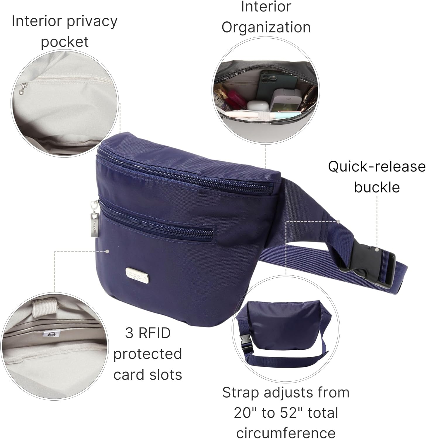 Baggallini Essential Belt Bag - 19x6" Crossbody Fanny Pack Waist Pack w/RFID & Adjustable Strap