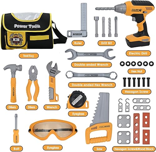Miniatura 7 de Juego de herramientas para niños con bolsa de herramientas y taladro electrónico, herramientas de construcción para niños, juguetes para niños de 3,