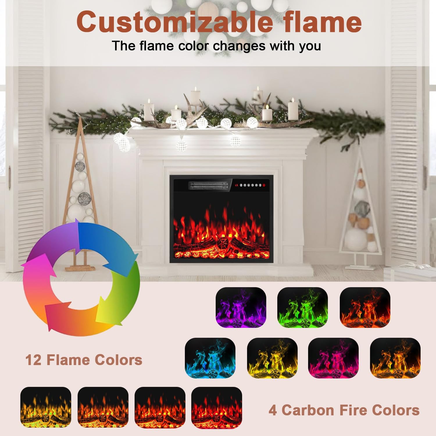 PRETZI 23 inch Electric Fireplace Insert Heater, Recessed Mounted Fireplace with Remote & Control Panel, Adjustable LED Flame Effects, Small Electric Stove for TV Stand, 750/1500W