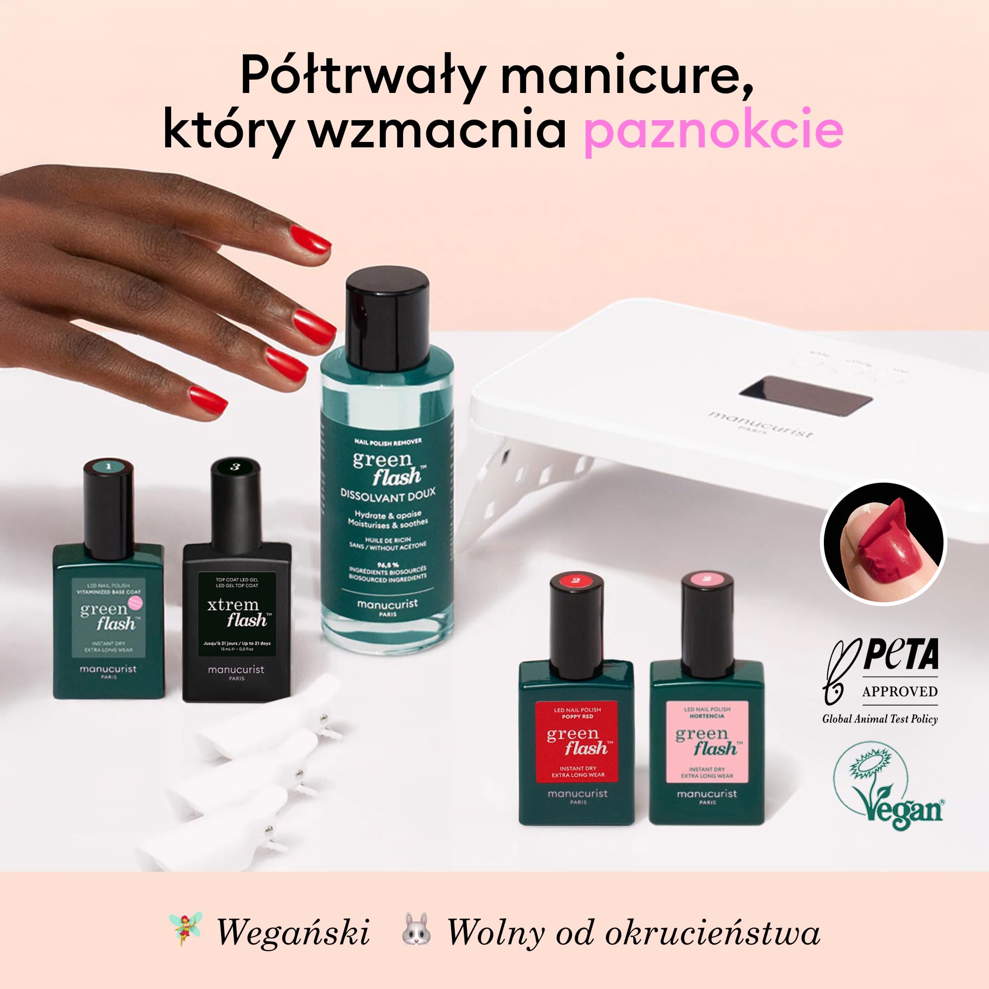 Manucurist Xtrem Flash Zestaw do Paznokci Żelowych Poppy Red & Hortencia - Lakier UV z Lampą LED 36W, Base Coat, Top Coat, Remover i Klipsy - Trwałość do 21 Dni