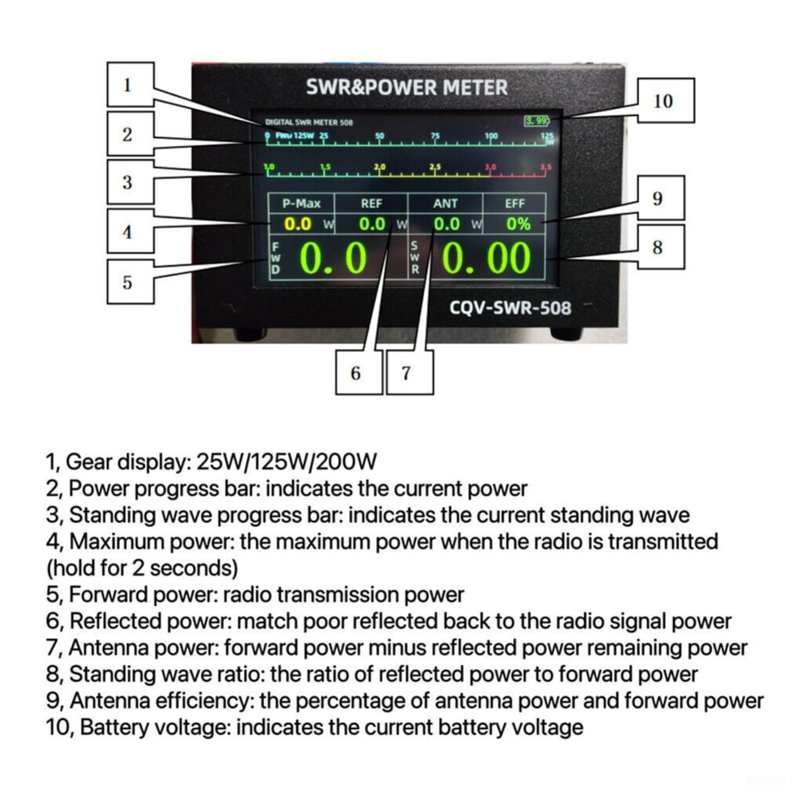 CQV SWR 508 1.8-54Mhz SWR Medidor de potencia 200W Medidor digital de onda estacionaria Medidor de onda estacionaria de onda corta con pantalla LCD
