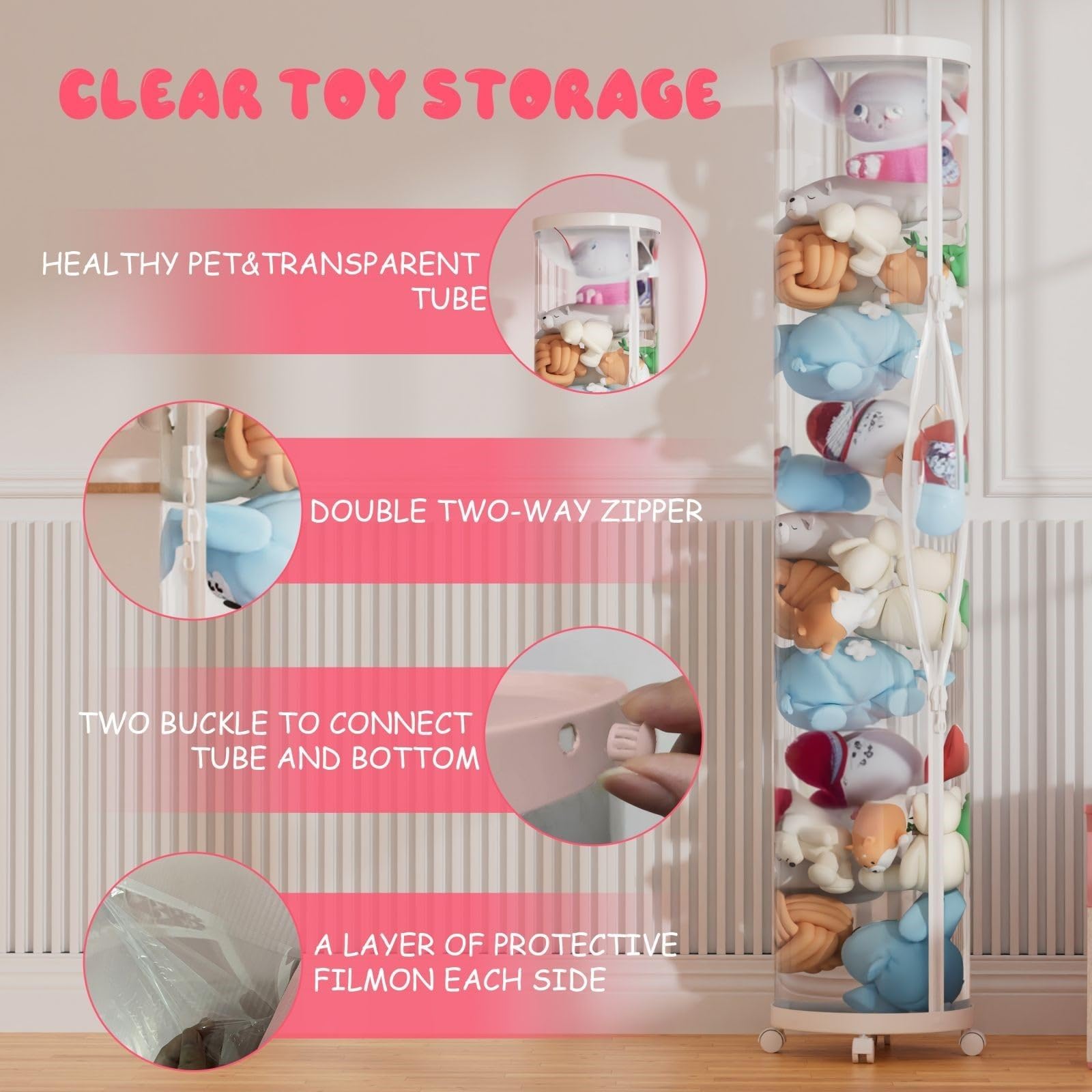 Flarelyare Stuffed Animal Storage Tube with Wheels,Stuff Animal Organizer,Stuffed Animal Zoo Storage, PET Transparent Bucket with Zipper for Kids Toy Organizer,61