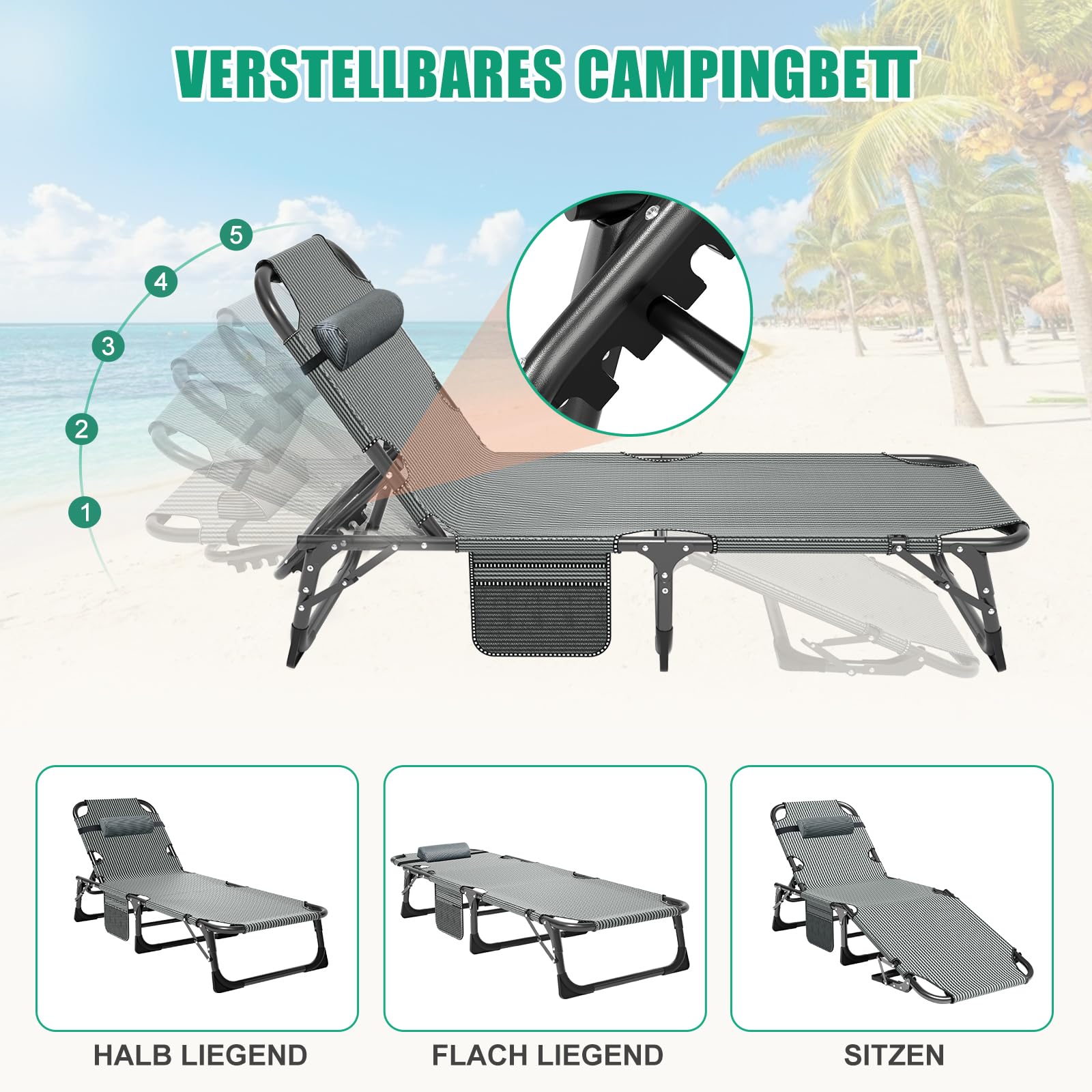 2er Set Sonnenliege Klappbar mit Matratze, 200kg Belastbar Gartenliege Liegestuhl mit Seitentasche und Kopfstütze, Verstellbare Rückenlehne Relaxliege für Balkon, Garten, Strand