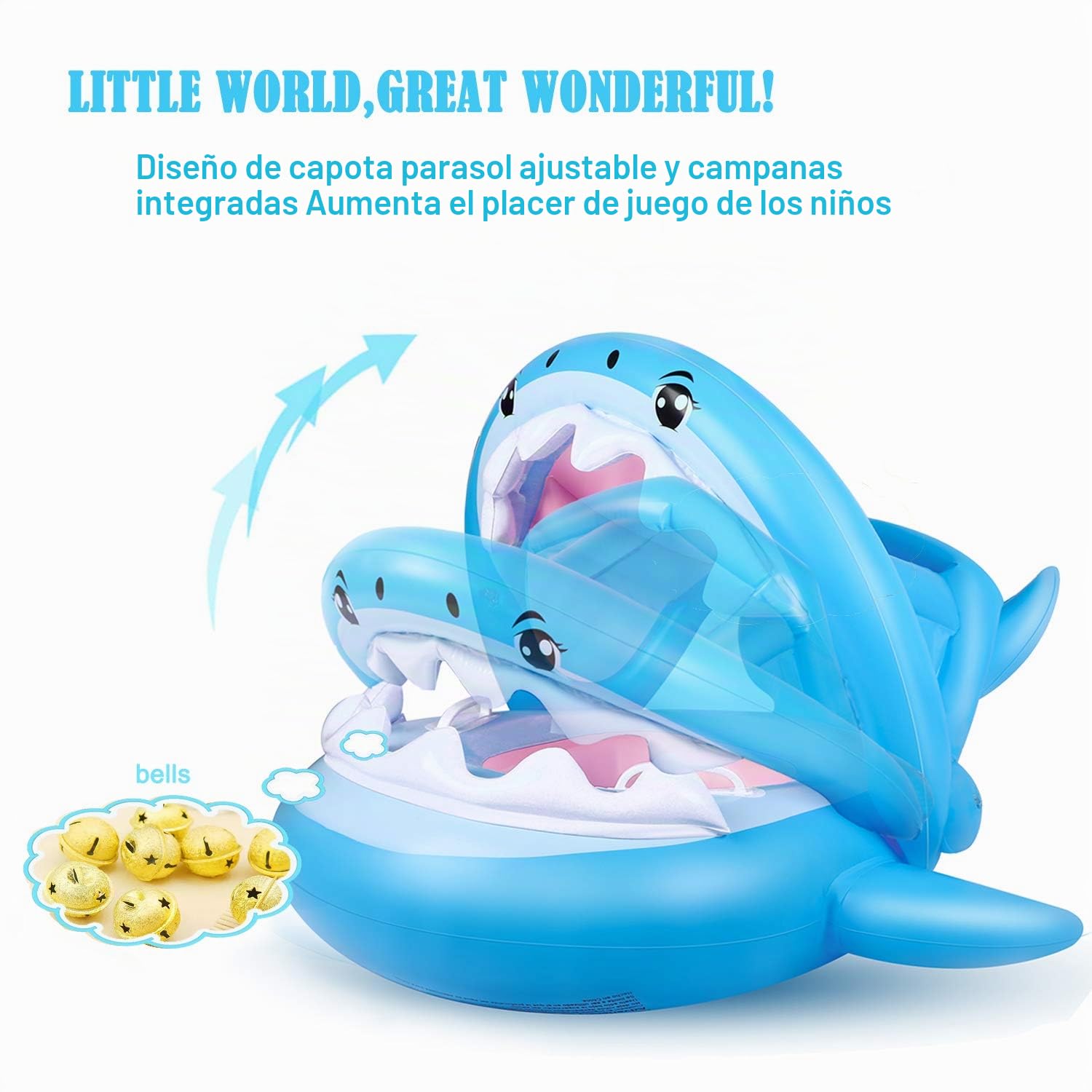 Flotador para Bebé Piscina Tiburón Tabla Hinchable con Inflable Toldo,Barco Inflable Flotador para 6-37 Meses Niños