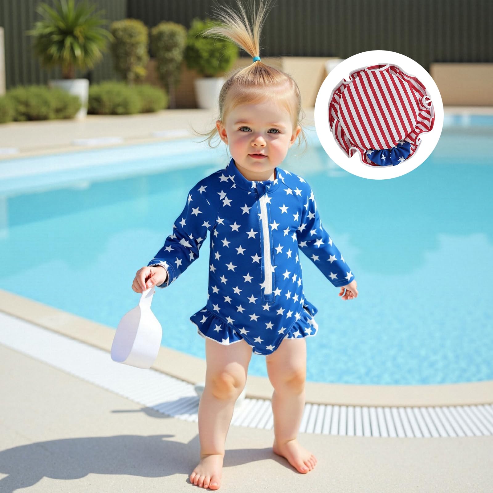 KtwHarnu Baby Girl 4th of July Swimsuit Toddler Zipper Bathing Suit One Piece Long Sleeve Ruffle Rash Guard Swinwear with Hat (Blue, 2-3 Years)